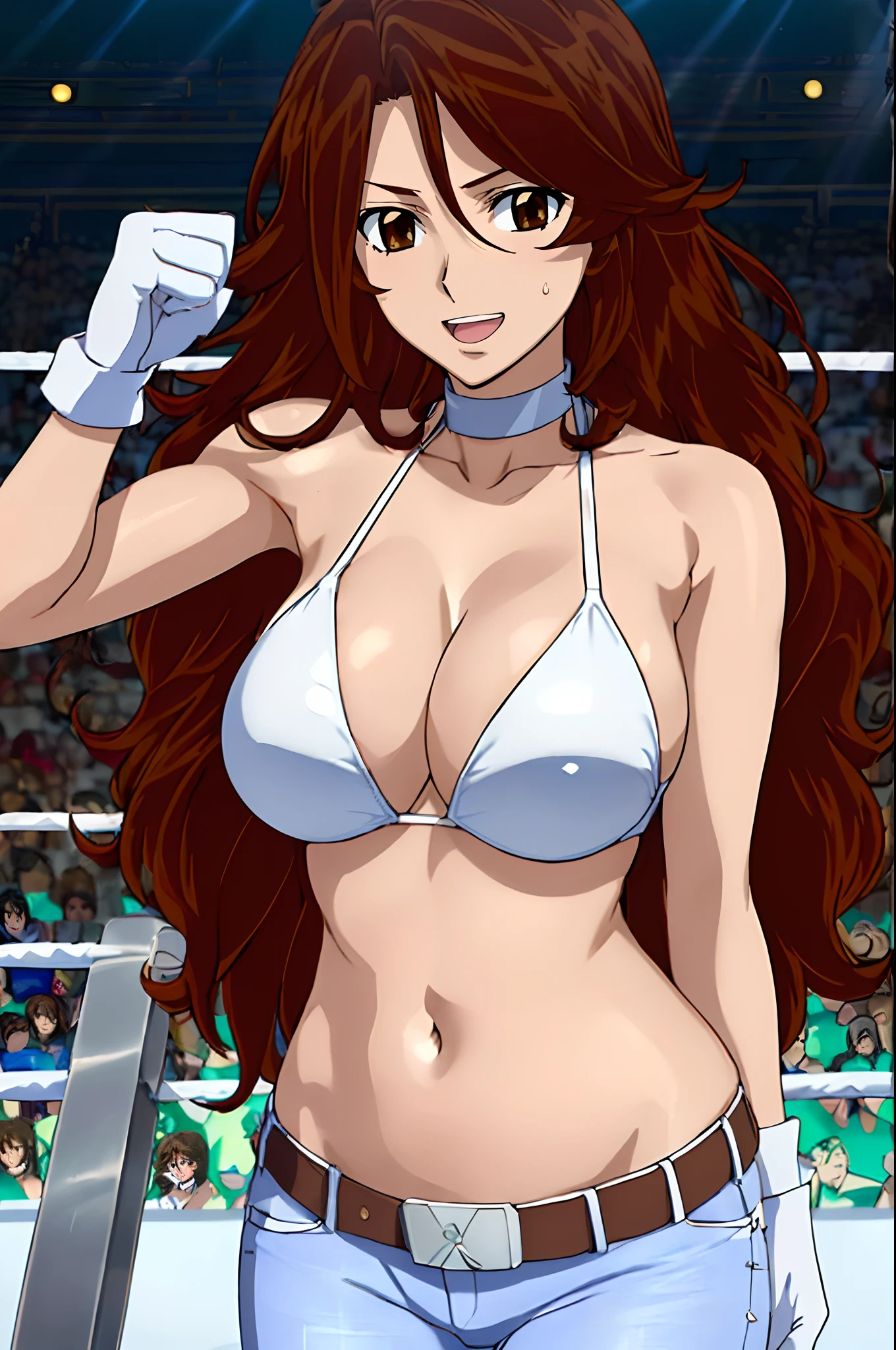 curvy midsection, solo, 1 girl, ultra toned arms, sweating very nuch, tired, smile, breathing heavily), (detailed titration screen, upper body only, anime style: 1.8, anime drawing, ultra detailed face, ultra detailed body, 4k, Sumergai Lee Noriega, (standing), best quality, anime style, hires, highest definition, digital blending, bold drawing lines, ((wwe diva), (location: wrestling arena, crowds watching), ( slim body, (little biceps), , off-shoulders, closed fists, (very curvy: 2.8)), ((white bikini only, jeans, white gloves, collar, hand protector, (champion belt on bare belly))), (pale skin, big breasts, widely open mouth, teeth), (big eyes, brown eyes), (leaning forward), (brown hair, loose hair, curly hair, wavy hair, long hair, missy hair), 27 years old,