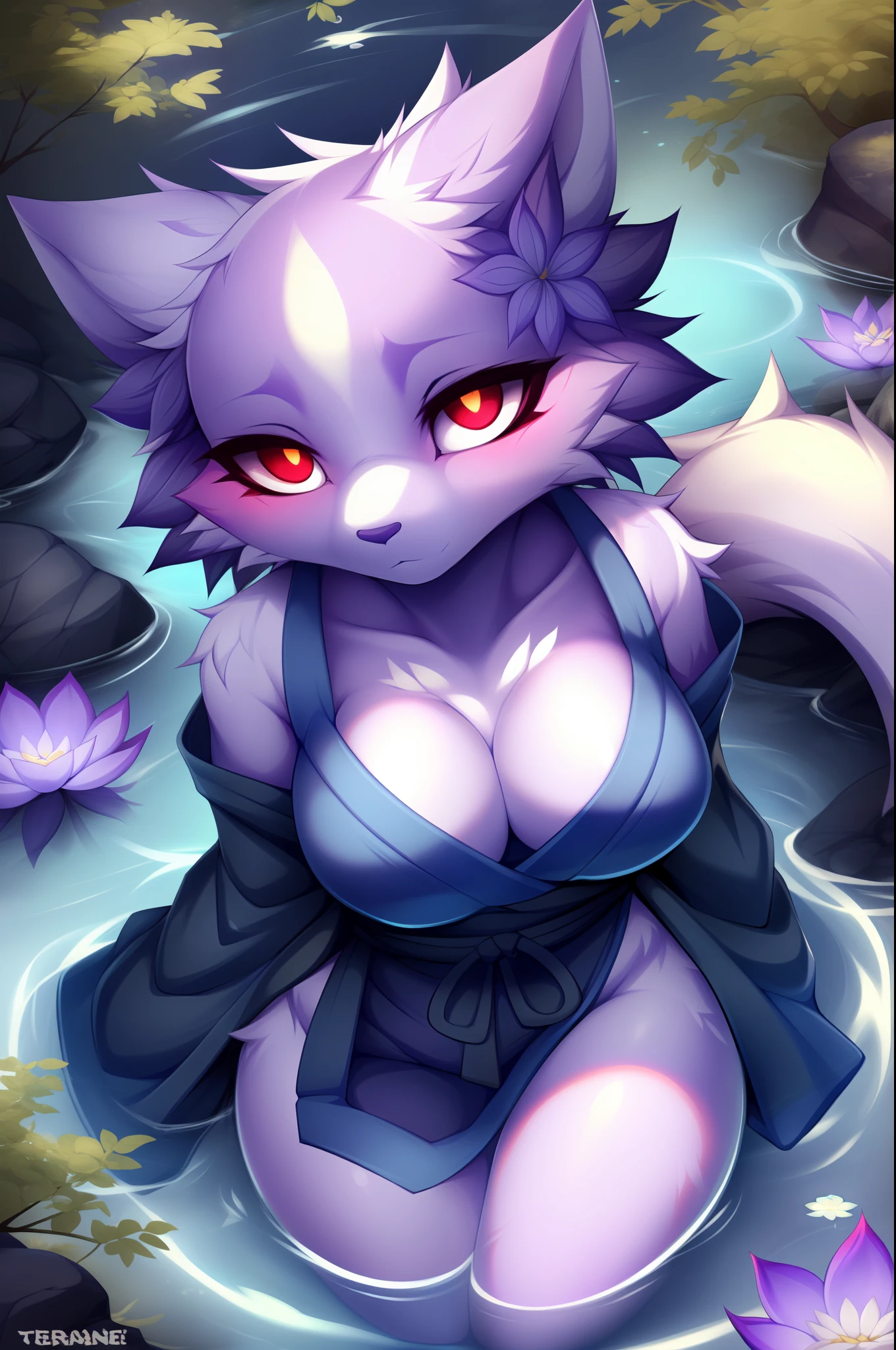 Shikabane, cute, white eyes, floating, in a Japanese manor, yokai designs, jitome, ghostly white eyes, wearing loose white robe, ghostly energy around her, by teranen, by freeedon, from above, in a glowing ghostly blue pool, surrounded by glowing blue lotus blossoms, close up, portrait