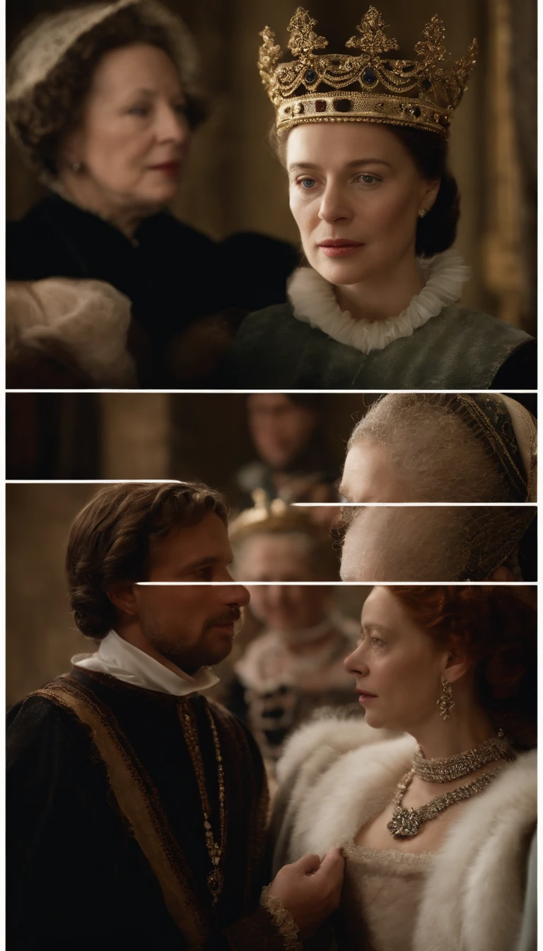 Develop a visual scene that depicts the rivalry between Isabella of Valois and the Queen Mother, Catherine de' Medici, at the court of the sixteenth century. Explore the emotions, intrigues and conspiracies involving Elizabeth after the death of Henry II.