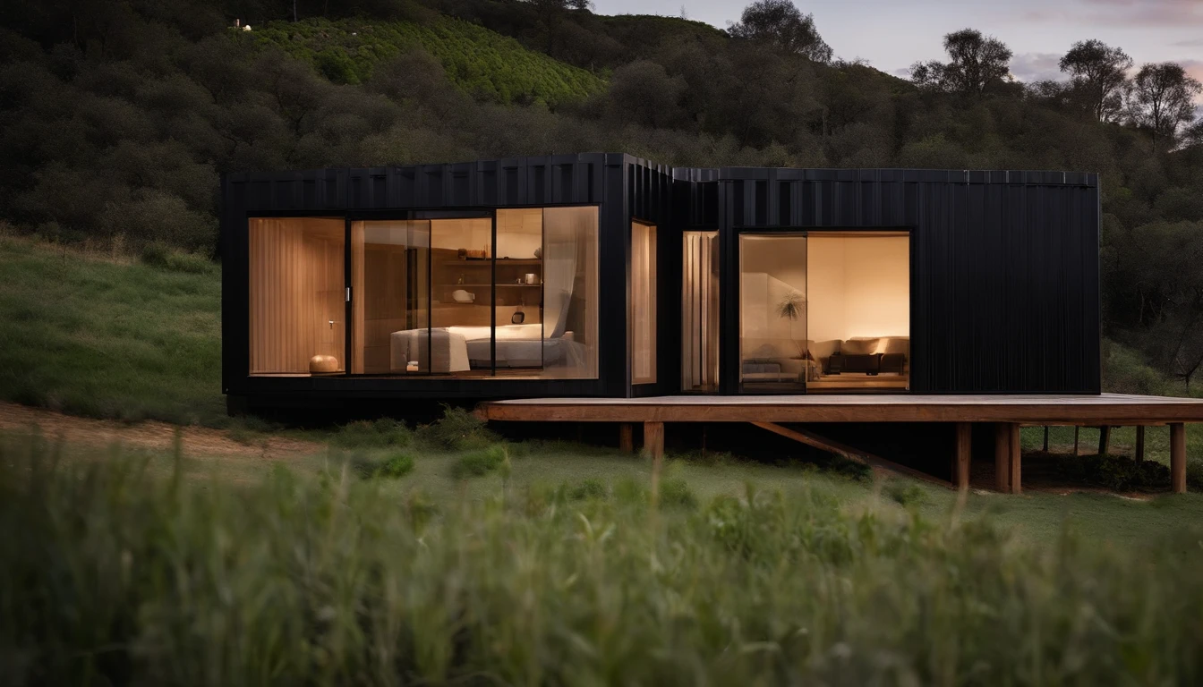 Imagem com quatro pequenas casas inseridas numa propriedade privada denominado Tokinha Village. Constructed of shipping containers, With only one floor and 5 rooms, The frame is made of black metal, paredes de madeira, com janelas e portas grandes em vidro. The door to the living room is the largest centered in the house and gives access to the exterior porch built in wood. The house exudes a deep connection to the surrounding nature, well framed in a farm where the land is square and is fenced by a green fence on the sides and back of the land and in front a white wall. The setting is a vineyard slope, typical of the Douro region, in the northern region of Portugal. Fotografia real, captando a harmonia entre a casa e seu entorno, usando uma lente grande angular para abranger toda a cena.
