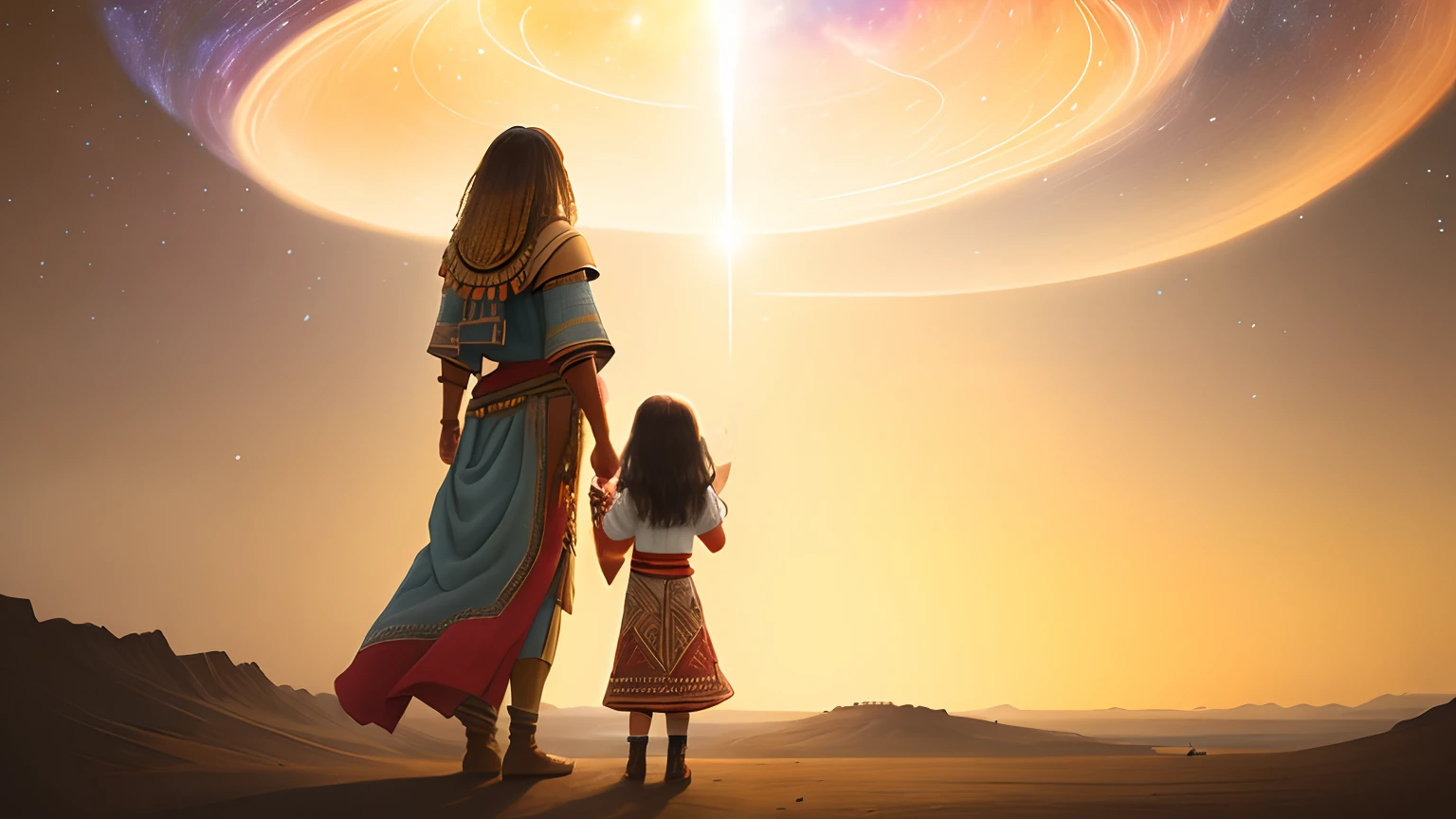 Masterpiece, best quality, very detailed little girl from the back, she has tribal clothes on, long dark hair, she holds her mom’s hand, she is very happy, she points at the sky