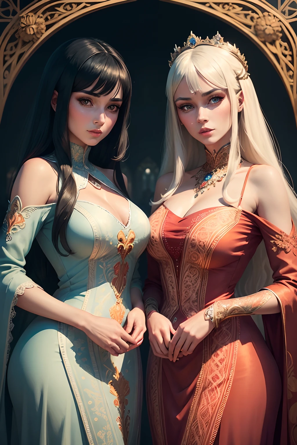 Beautiful two women, 1960’s era, wearing long flowing dresses, looks into the camera, symmetrical face, symmetrical eyes, epic Instagram, artstation, splash style of colorful paint, contour, hyperdetailed intricately detailed , Vibrant Colors, unreal engine, fantastical, intricate detail