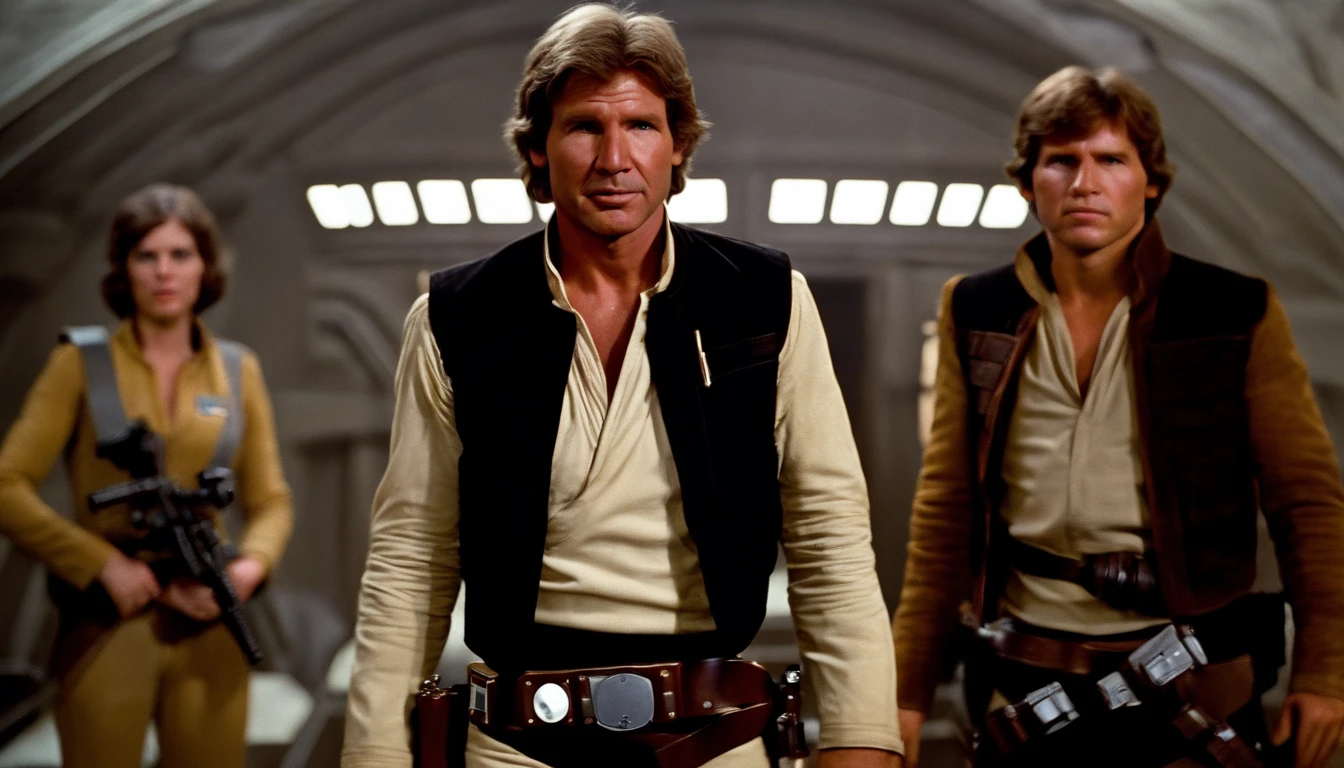 Hyperealistisches Foto von Harrison Ford im Han Solo Outfit, sitzt an ein typischen Star Wars Film-Set, im Hintergrund sieht man den Millenium Falcon der als Filmkulisse zu erkennen ist, die Scene zeigt eine typische Drehpause bei einer Filmproduktion best quality, High_resolution, deutlich_Bild, Detaillierter Hintergrund, hyperrealistisch
