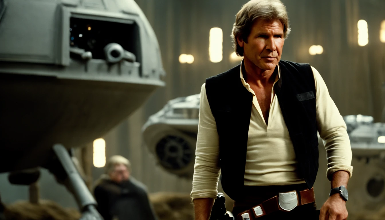 Hyperealistisches Foto von Harrison Ford im Han Solo Outfit, sitzt an ein typischen Star Wars Film-Set, im Hintergrund sieht man den Millenium Falcon der als Filmkulisse zu erkennen ist, die Scene zeigt eine typische Drehpause bei einer Filmproduktion best quality, High_resolution, deutlich_Bild, Detaillierter Hintergrund, hyperrealistisch