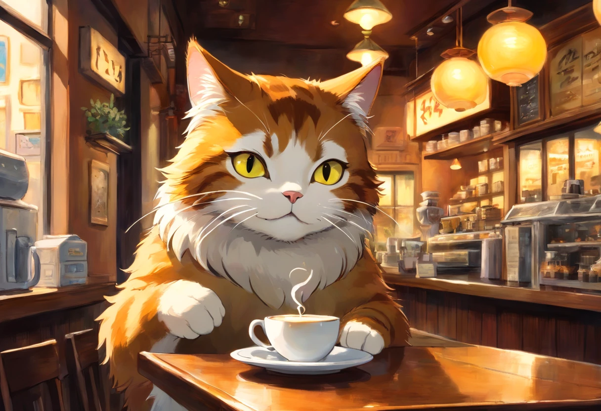 Cat drinking coffee in a coffee shop, art by [by Esao Andrews]