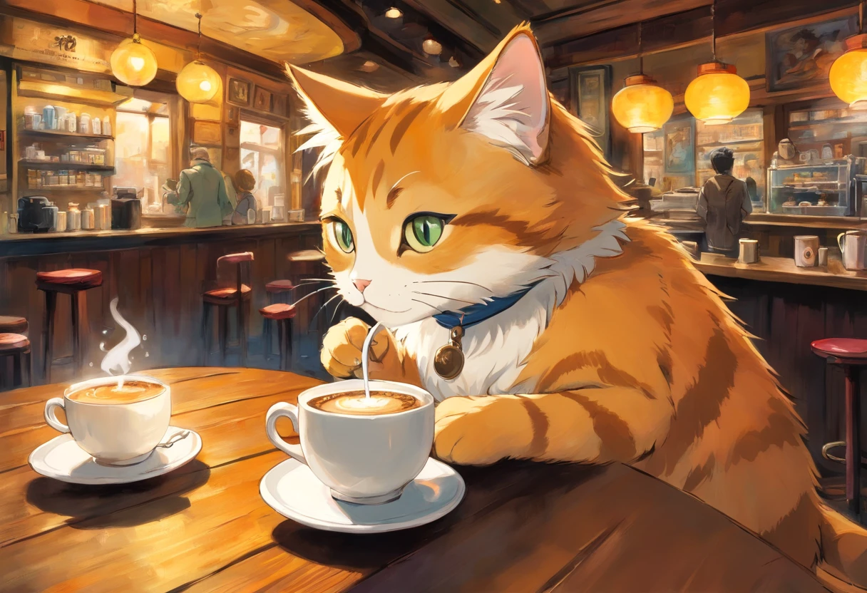 Cat drinking coffee in a coffee shop, art by [by Esao Andrews]
