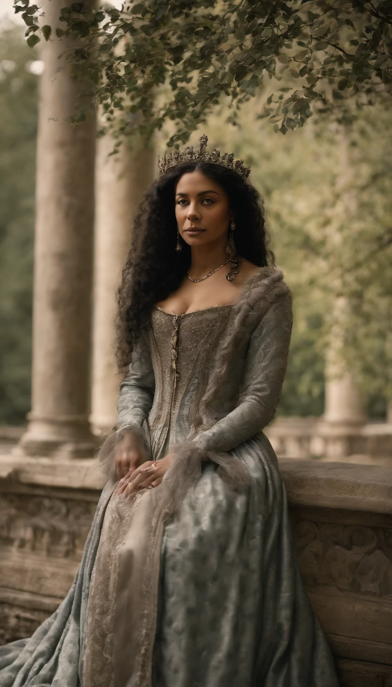 Develop a visual scene that depicts the rivalry between Isabella of Valois and the Queen Mother, Catherine de' Medici, at the court of the sixteenth century. Explore the emotions, intrigues and conspiracies involving Elizabeth after the death of Henry II.