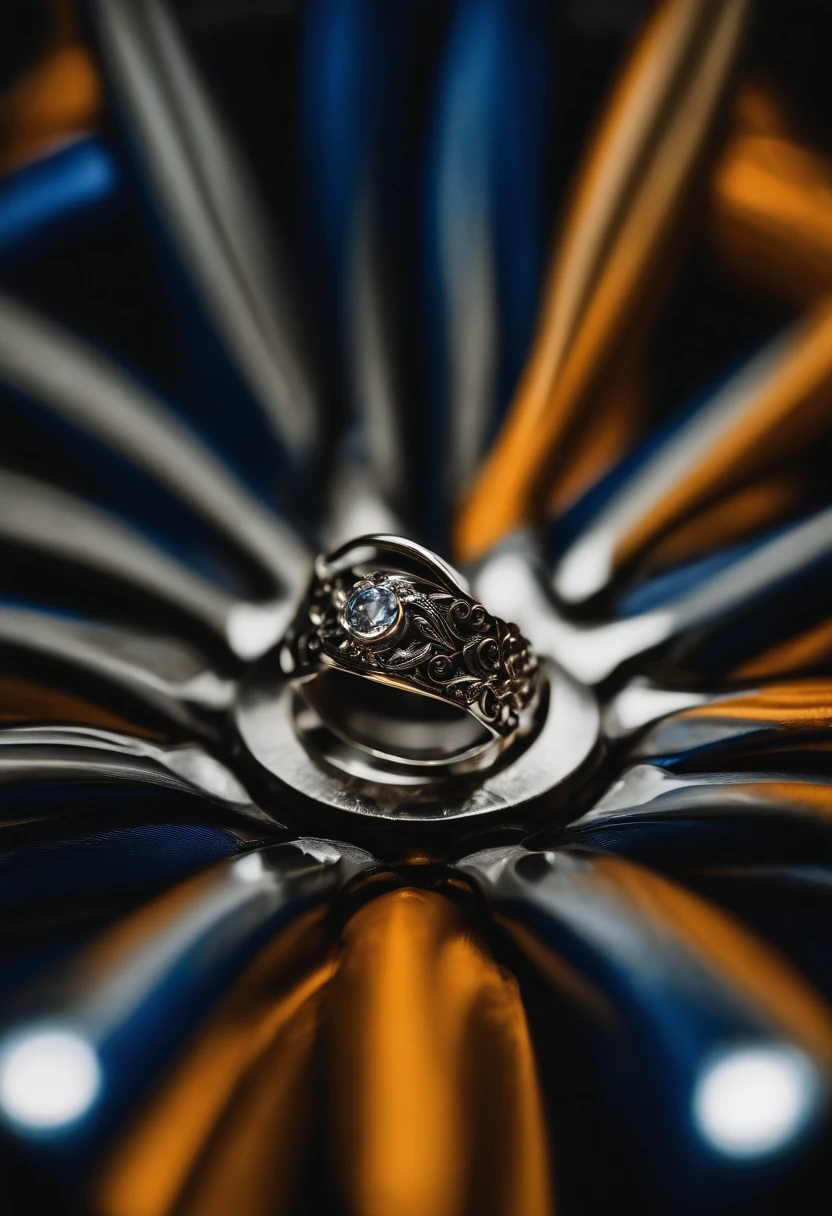 ((Metal rings)),hyper photorealism,Alexander Calder,largeaperture,Ultra-macro shooting,reflective lens,spotlight,Reflection,Luxury photography,Local close-up,((Simple)),a pregirl,The finger wears the ring,It is indeed placed in front of the camera,Depth of field effect