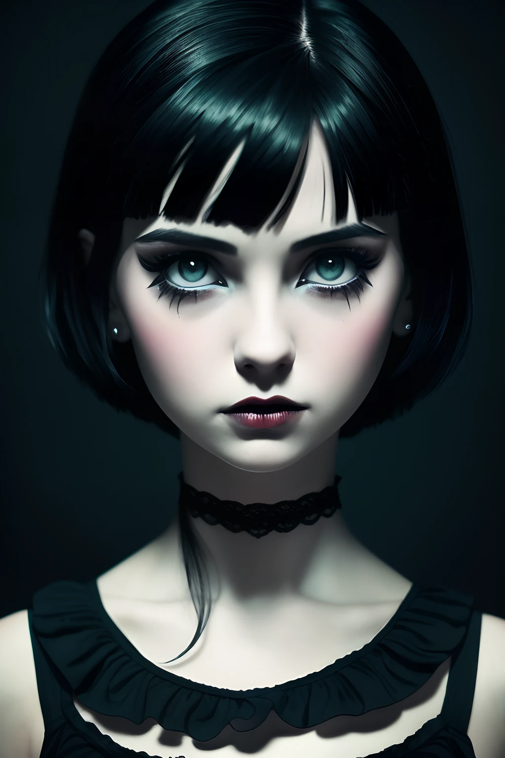 by TimBurton Animation 1girl, solo, blurry, blurry background, black hair, wide-eyed, short hair, horror \(theme\), lips, dark, makeup, portrait, black eyes