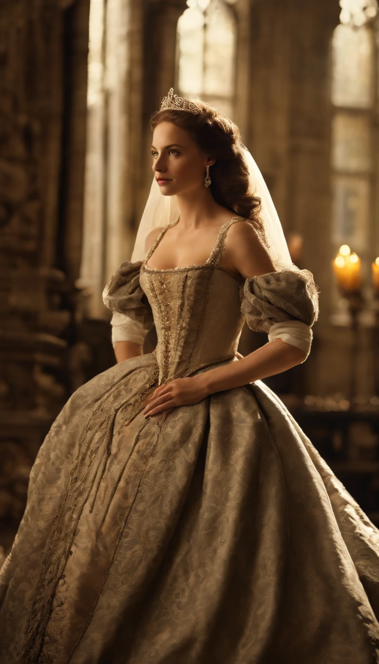 a depiction of Elisabeth of Valois, The sixteenth-century courtesan, with its beauty and charm that won over King Henry II of France. Create an image that captures the atmosphere of the European court of the time and the relationship between Isabel and the king. ela usa vestido decotado.