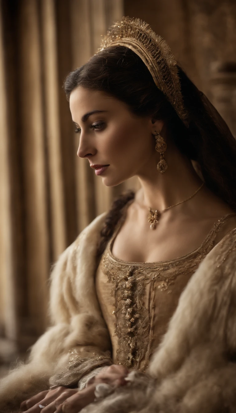 a depiction of Elisabeth of Valois, The sixteenth-century courtesan, with its beauty and charm that won over King Henry II of France. Create an image that captures the atmosphere of the European court of the time and the relationship between Isabel and the king. ela usa vestido decotado.