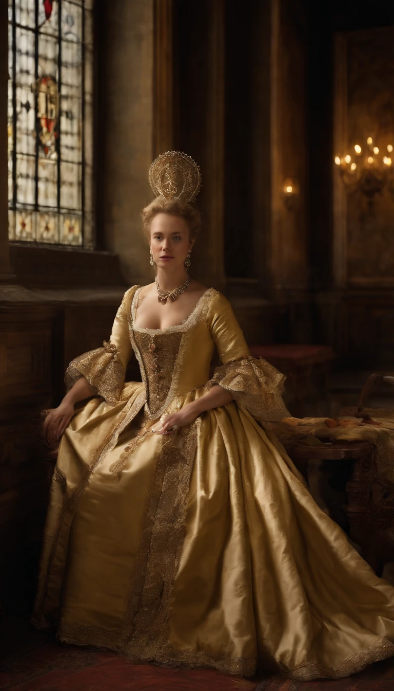 a depiction of Elisabeth of Valois, The sixteenth-century courtesan, with its beauty and charm that won over King Henry II of France. Create an image that captures the atmosphere of the European court of the time and the relationship between Isabel and the king. ela usa vestido decotado.