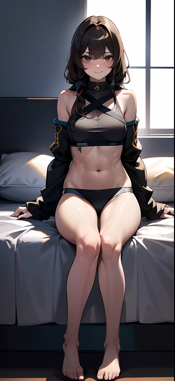 (Solo exhibition), (a detailed full-body RAW photo of a girl), (tmasterpiece:1.0), (best qualtiy:1.4), (超高分辨率:1.2), (Photorealsitic:1.4), 8K分辨率, a Canon EOS R5, 50 millimeters, absurderes, Hyper-detailing, (18yr old), Clear focus, cinmatic lighting, Detailed beautiful face, (putting makeup on:1.2), (ulzang-6500-v1.1), Petite figure, detailed skin textures, paleskin, huge boob, (skinny and fit body:1.3), thigh gap, Detailed brown hair, (Very messy hair:1.5), (Avril Lavigne:0.7), ssmile, (Sports bra, Tong:1.4), realistic glittering skin, (Bedrooms:1), (Carmelto:1.3), (perspired:1.45), Slim waistline, seduct smile, 独奏