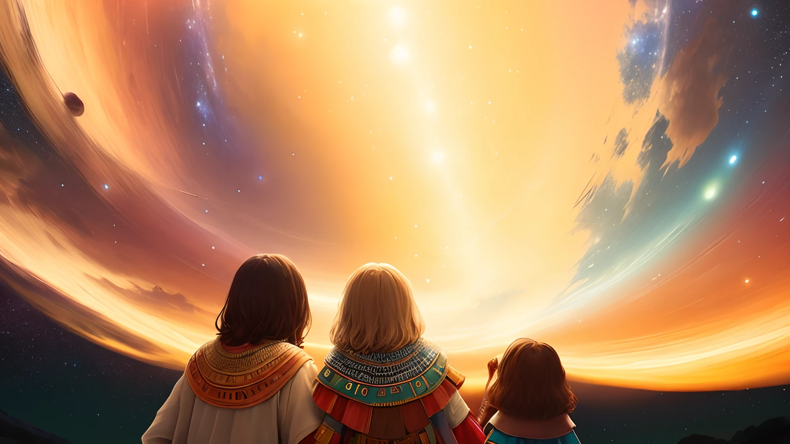 Masterpiece, best quality, very beautiful detailed starry sky with different colored and size planets spinning in it, very detailed people from the back look at the sky, they wear tribal clothes, they all hold each other’s hands, they are happy