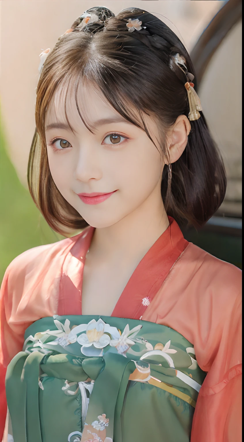 Best quality at best,tmasterpiece,超高分辨率,(photo-realistic:1.4),8K raw photos, A high resolution,Ancient Chinese red Hanfu,Beautiful pattern,beautiful eyes in detail, long eyelasher, RAW photogr, face to the viewer, The upper part of the body, Close-up Shot Shot, ((( Landscape background))),(((1girll))),独奏,Upper body smile,heads,low tune, Beautiful hairstyle,No action,detailed detail,