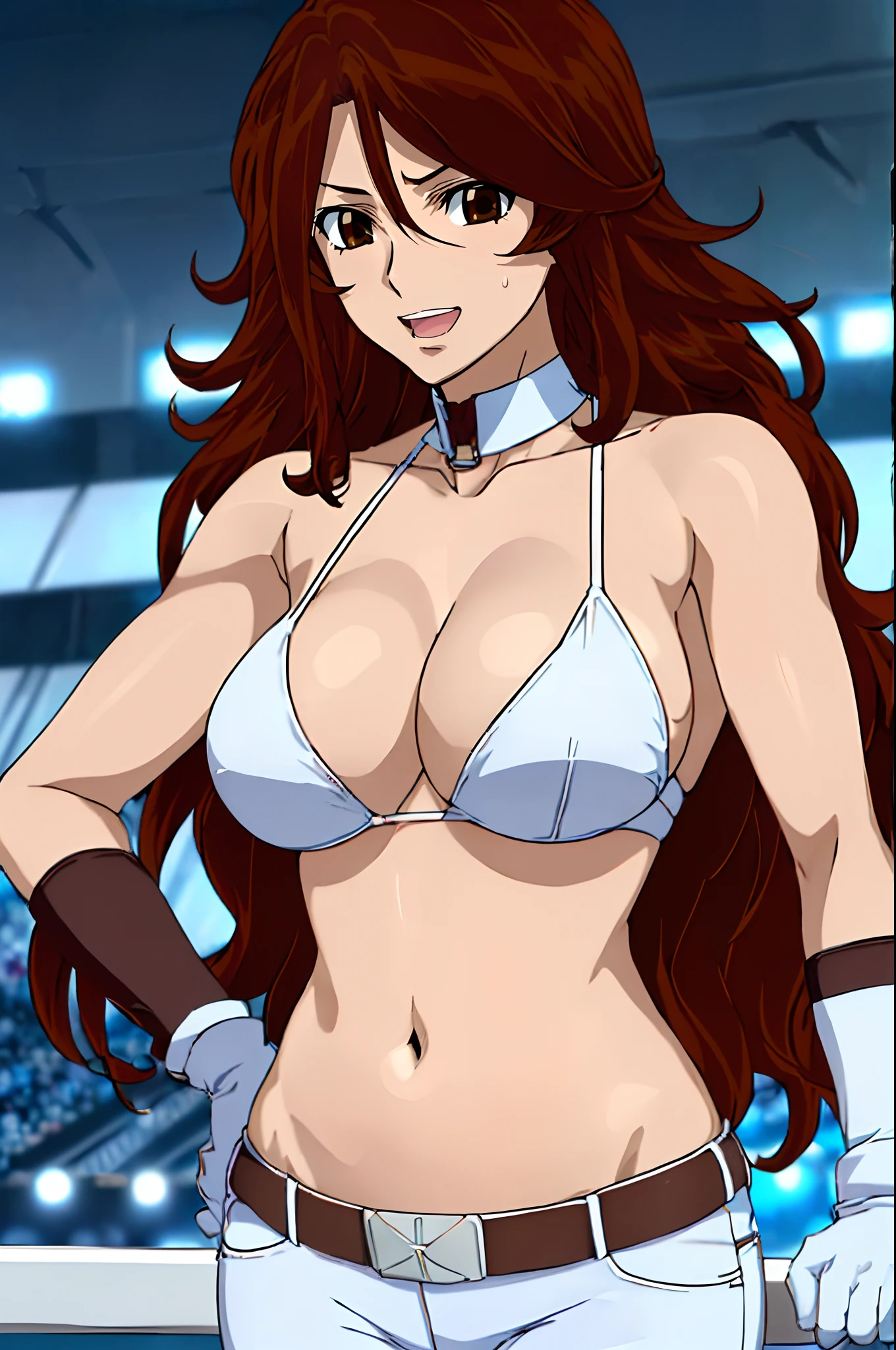 curvy midsection, solo, 1 girl, ultra toned arms, sweating very nuch, tired, smile, breathing heavily), (detailed titration screen, upper body only, anime style: 1.8, anime drawing, ultra detailed face, ultra detailed body, 4k, Sumergai Lee Noriega, (standing), best quality, anime style, hires, highest definition, digital blending, bold drawing lines, ((wwe diva), (location: wrestling arena, crowds watching), ( slim body, (little biceps), , off-shoulders, closed fists, (very curvy: 2.8)), ((white bikini only, jeans, white gloves, collar, hand protector, (champion belt on bare belly))), (pale skin, big breasts, widely open mouth, teeth), (big eyes, brown eyes), (leaning forward), (brown hair, loose hair, curly hair, wavy hair, long hair, missy hair), 27 years old,