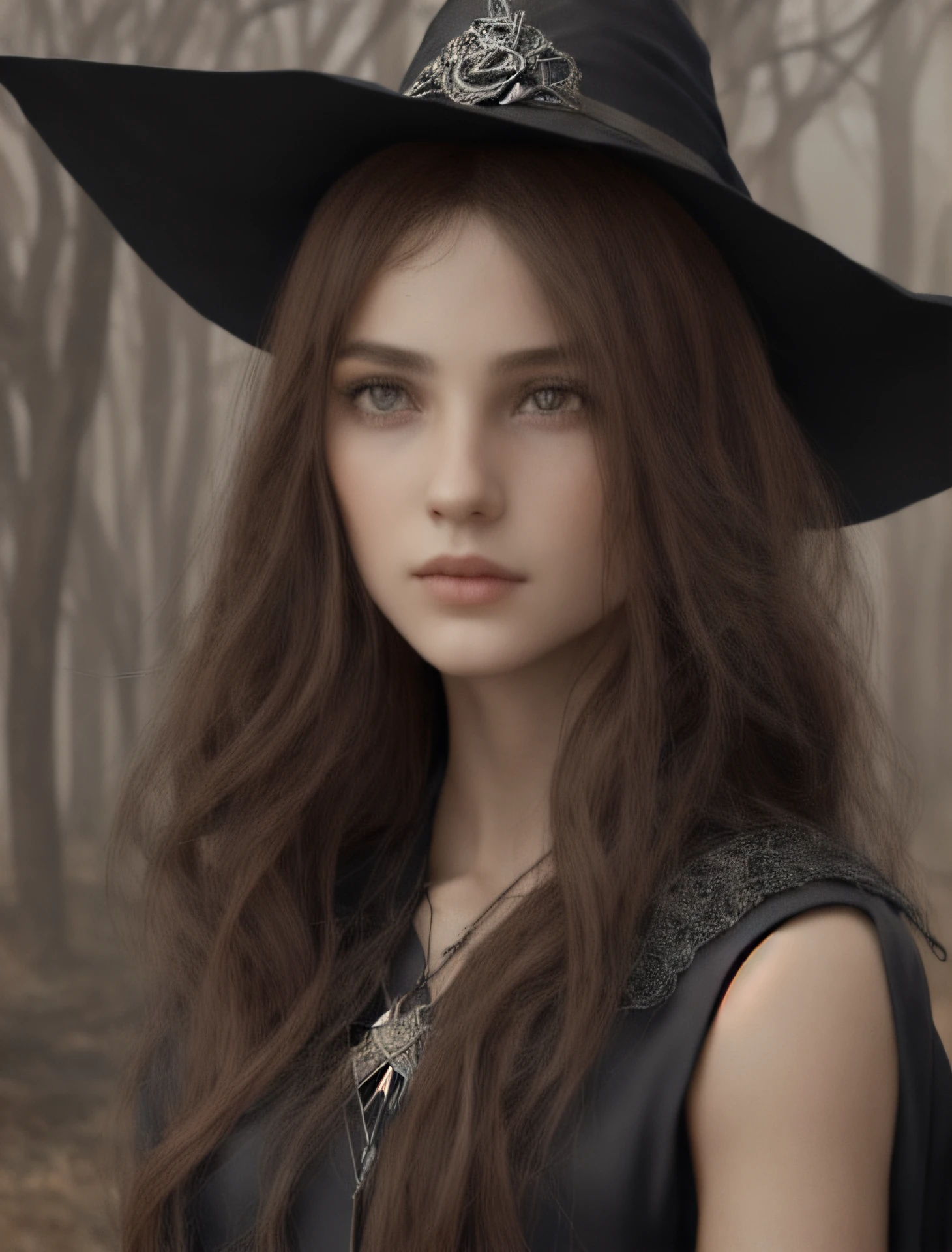 Mujer con sombrero negro y vestido negro con una cruz en el cuello, Retrato de una joven bruja, Retrato de una joven bruja, Retrato de una bruja, classical witch, Retrato de una bruja oscura, Hermosa bruja femenina, hermosa bruja hembra, Retrato lateral Bruja Oscura, dark fantasy mixed with realism, Hermosa bruja vaquera, realistic fantasy render, Bruja oscura de moda