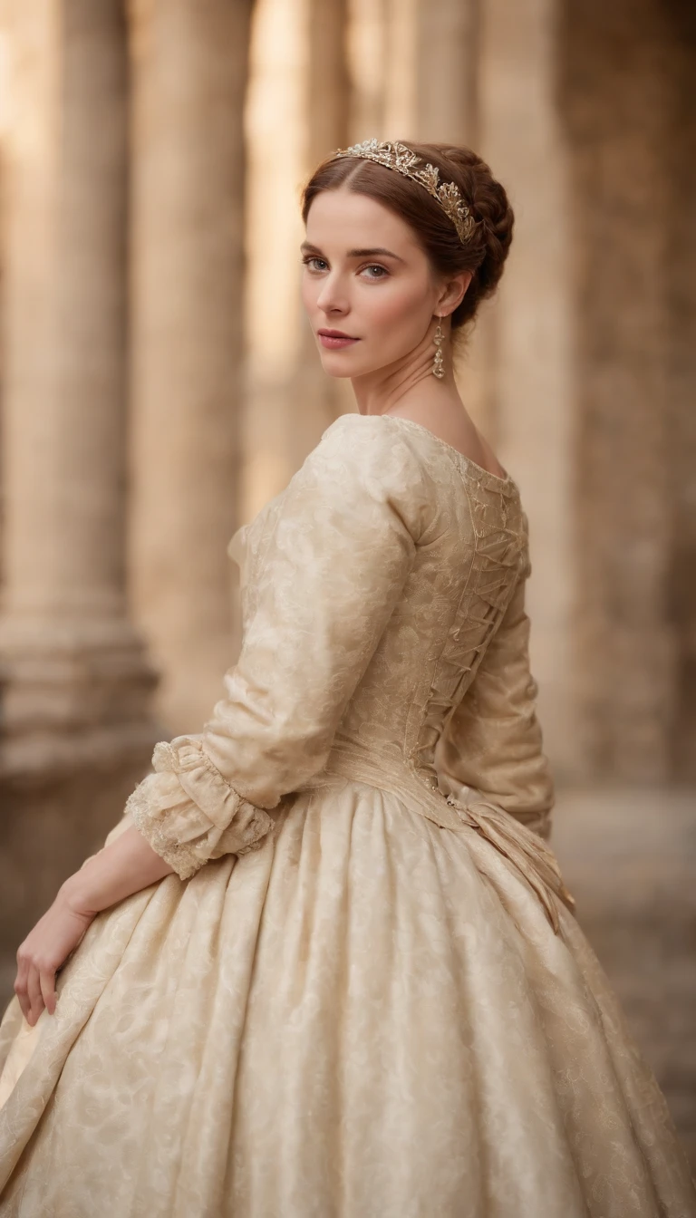 a depiction of Elisabeth of Valois, The sixteenth-century courtesan, with its beauty and charm that won over King Henry II of France. Create an image that captures the atmosphere of the European court of the time and the relationship between Isabel and the king. ela usa vestido decotado.