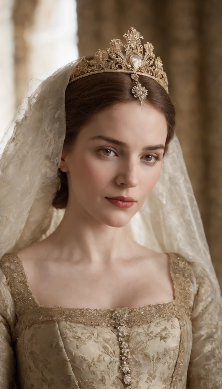 a depiction of Elisabeth of Valois, The sixteenth-century courtesan, with its beauty and charm that won over King Henry II of France. Create an image that captures the atmosphere of the European court of the time and the relationship between Isabel and the king. ela usa vestido decotado.