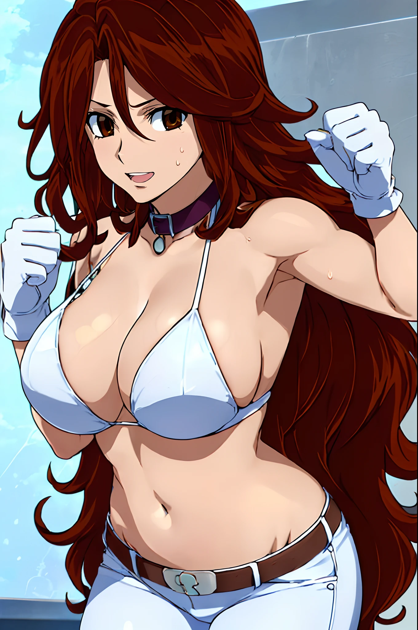 curvy midsection, solo, 1 girl, ultra toned arms, sweating very nuch, tired, smile, breathing heavily), (detailed titration screen, upper body only, anime style: 1.8, anime drawing, ultra detailed face, ultra detailed body, 4k, Sumergai Lee Noriega, (standing), best quality, anime style, hires, highest definition, digital blending, bold drawing lines, ((wwe diva), (location: wrestling arena, crowds watching), ( slim body, (little biceps), , off-shoulders, closed fists, (very curvy: 2.8)), ((white bikini only, jeans, white gloves, collar, hand protector, (champion belt on bare belly))), (pale skin, big breasts, widely open mouth, teeth), (big eyes, brown eyes), (leaning forward), (brown hair, loose hair, curly hair, wavy hair, long hair, missy hair), 27 years old,