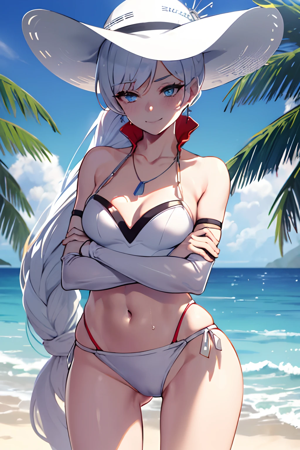 (Masterpiece, Best Quality:1.2), Cowboy shot,sunny beach, 1girl, white colored hair, sun hat, smile, closed mouth, looking a viewer, crossed arms, pony tail, scar across eye, white bikini, Jewelry, necklace, earrings, small-breasts, slim thighs, Spacer frame, steam, glistering slap, Wet, the sweat,