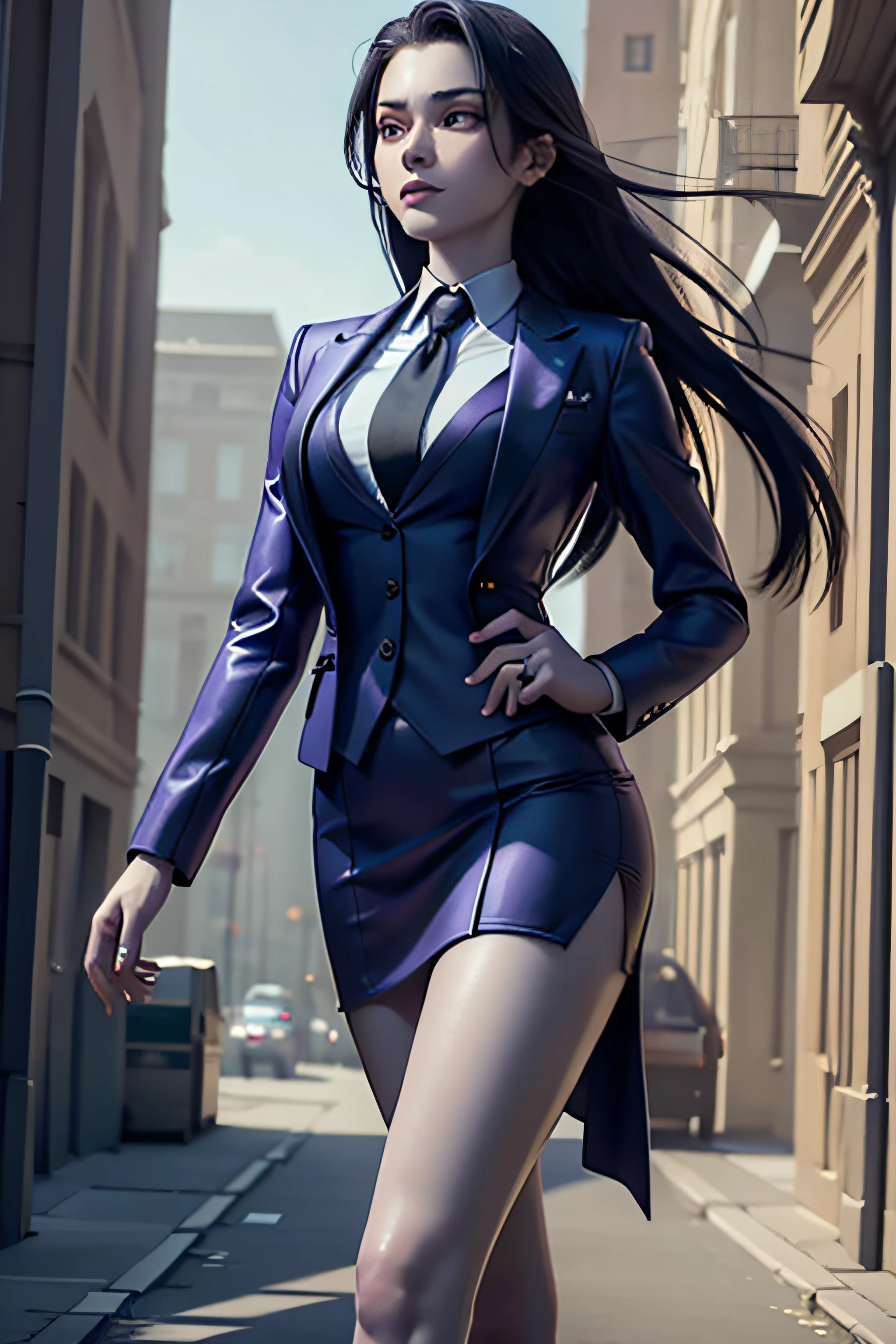 realistic, realism, photorealism, photo-realistic, high contrast, (photorealistic:1.4), 8k high definition detailed realistic, (best quality, masterpiece:1.2), NSFW, photon mapping, radiosity, physically-based rendering, best quality, highly detailed, 1girl, blue skin, owwm, long hair, business suit, (((three-piece suit))), navy skirt suit, blazer, waistcoat, purple silk necktie, bodycon miniskirt, tight clothing, fully clothed