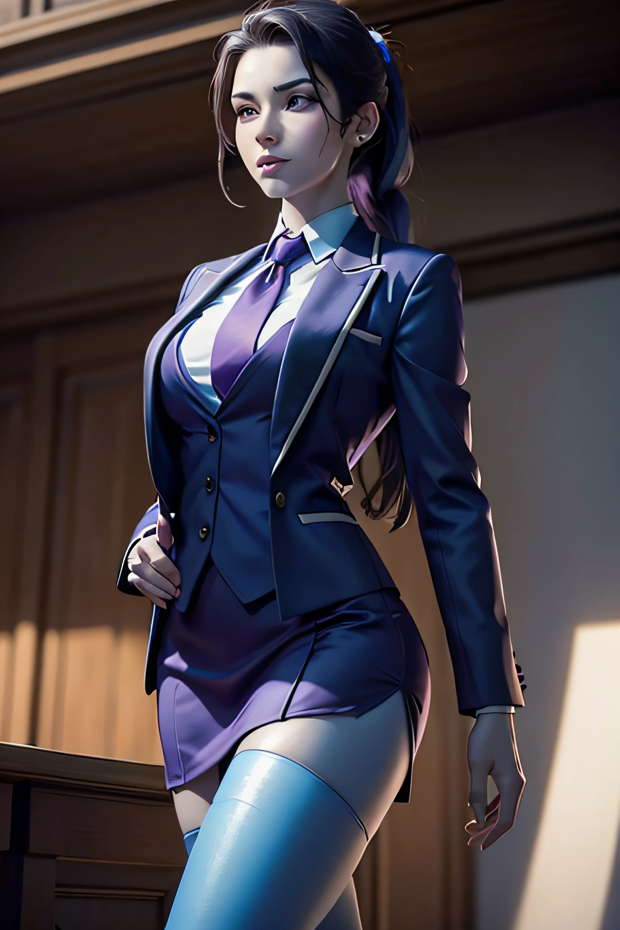 realistic, realism, photorealism, photo-realistic, high contrast, (photorealistic:1.4), 8k high definition detailed realistic, (best quality, masterpiece:1.2), NSFW, photon mapping, radiosity, physically-based rendering, best quality, highly detailed, 1girl, blue skin, owwm, long hair, business suit, (((three-piece suit))), navy skirt suit, blazer, waistcoat, purple silk necktie, bodycon miniskirt, tight clothing, fully clothed