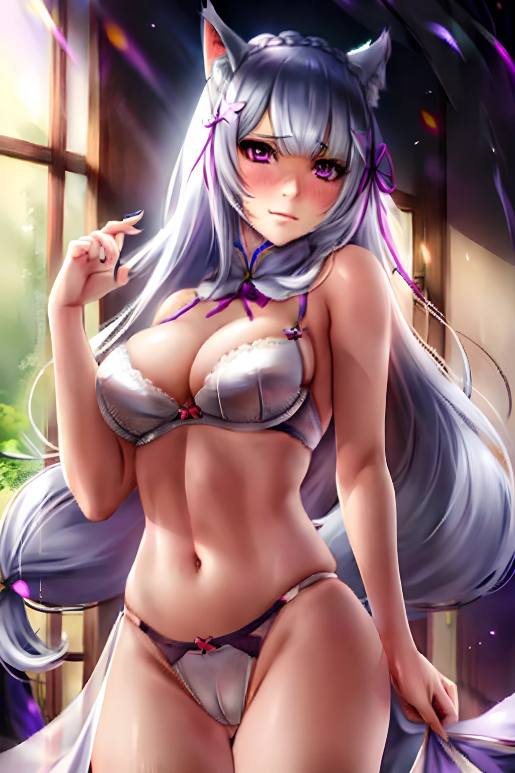 Emilia Re:Zero, white hair, white crown braid, purple ribbons in hair, white flower in hair, white lingerie, x hair ornament, purple eyes, long hair, medium breasts, fox ears, fox girl, 1girl, solo, Axsens, Axsens artist

(masterpiece:1.1), (best quality:1.1), (ultra-detailed:1.1), (illustration:1.1), medium breasts, one piece lingerie, bra, panties, camel toe, lacy white lingerie, cleavage cutout, midriff, looking at viewer, cowboy shot, blushing