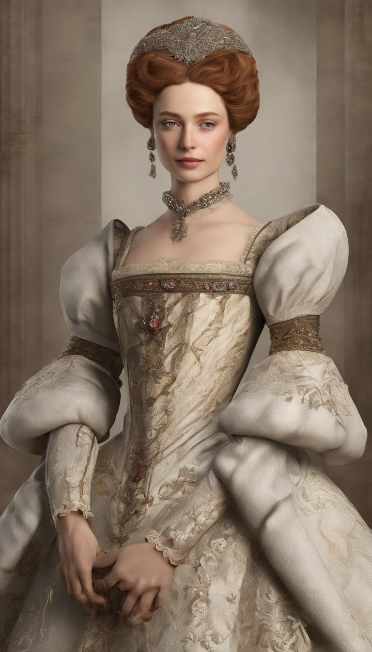 a depiction of Elisabeth of Valois, The sixteenth-century courtesan, with its beauty and charm that won over King Henry II of France. Create an image that captures the atmosphere of the European court of the time and the relationship between Isabel and the king. ela usa vestido decotado.