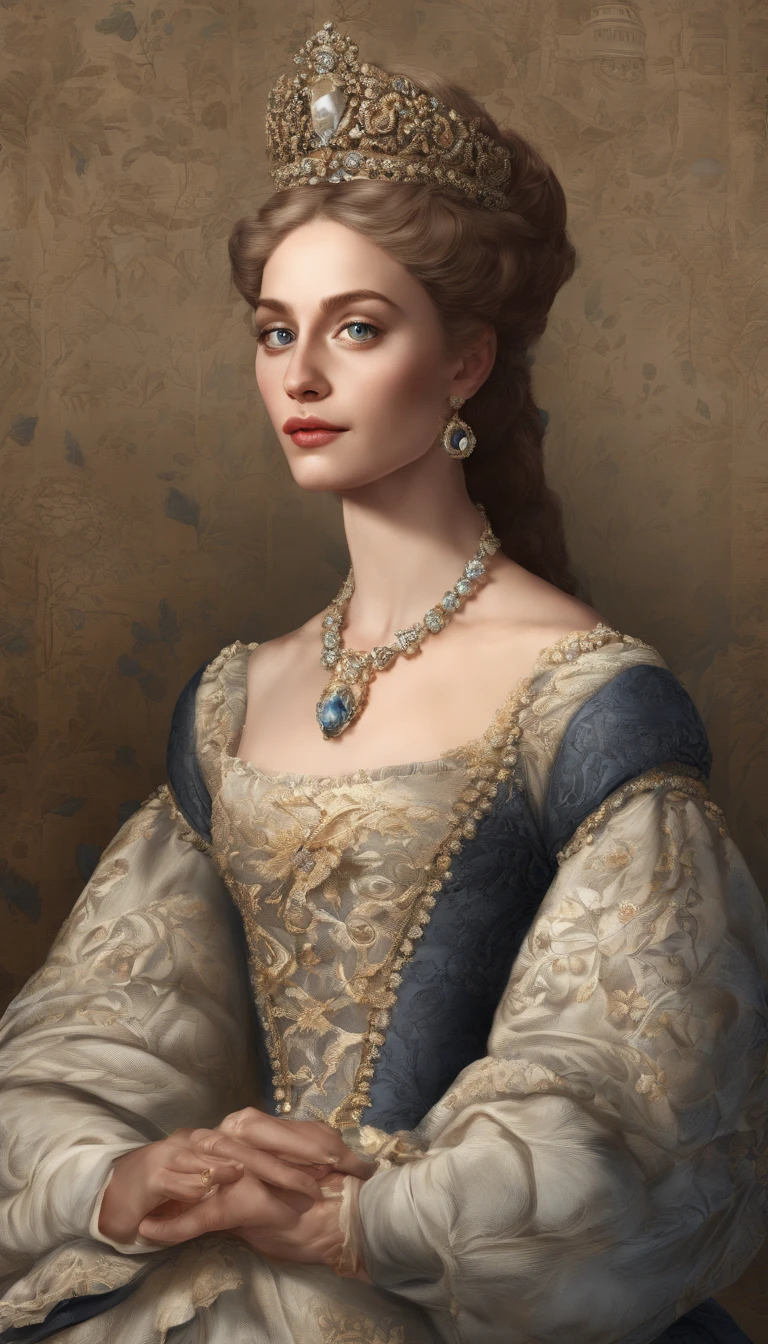 a depiction of Elisabeth of Valois, The sixteenth-century courtesan, with its beauty and charm that won over King Henry II of France. Create an image that captures the atmosphere of the European court of the time and the relationship between Isabel and the king. ela usa vestido decotado.