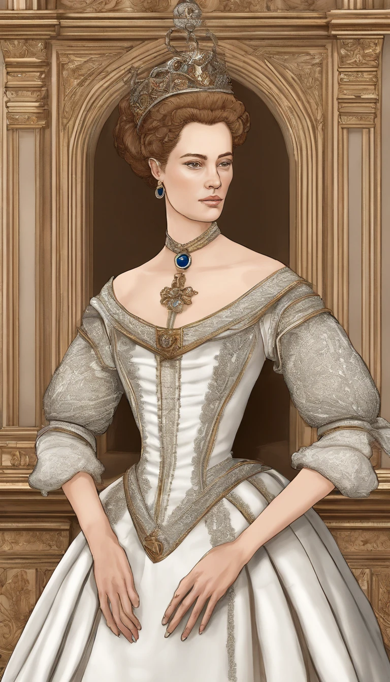 a depiction of Elisabeth of Valois, The sixteenth-century courtesan, with its beauty and charm that won over King Henry II of France. Create an image that captures the atmosphere of the European court of the time and the relationship between Isabel and the king. ela usa vestido decotado.