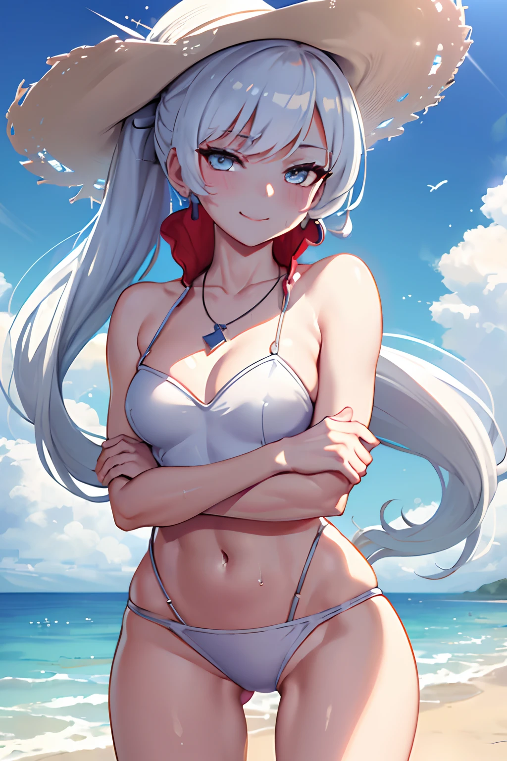 (Masterpiece, Best Quality:1.2), Cowboy shot,sunny beach, 1girl, white colored hair, sun hat, smile, closed mouth, looking a viewer, crossed arms, pony tail, scar across eye, white bikini, Jewelry, necklace, earrings, small-breasts, slim thighs, Spacer frame, steam, glistering slap, Wet, the sweat,