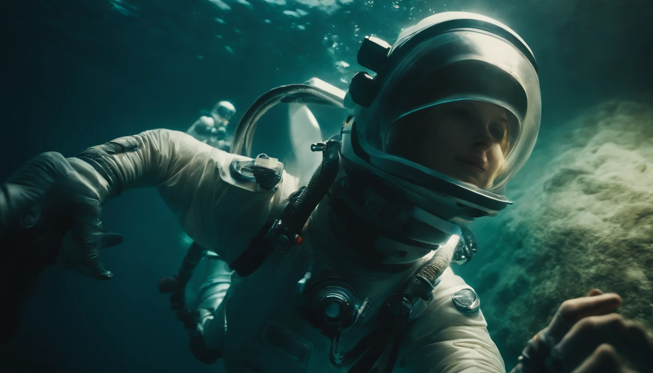 woman in an underwater spacesuit, (luminous deep sea creatures around her:1), best quality, sunlight, detailed face, gorgeous eyes, realistic skin details, high quality, seen from below, romantic, high quality, film grain, Cinematic Light, sidelighting, sharp focus