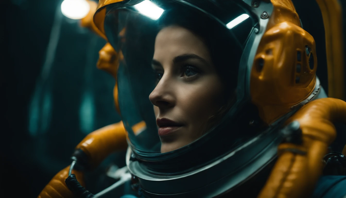 woman in an underwater spacesuit, (luminous deep sea creatures around her:1), best quality, sunlight, detailed face, gorgeous eyes, realistic skin details, high quality, seen from below, romantic, high quality, film grain, Cinematic Light, sidelighting, sharp focus