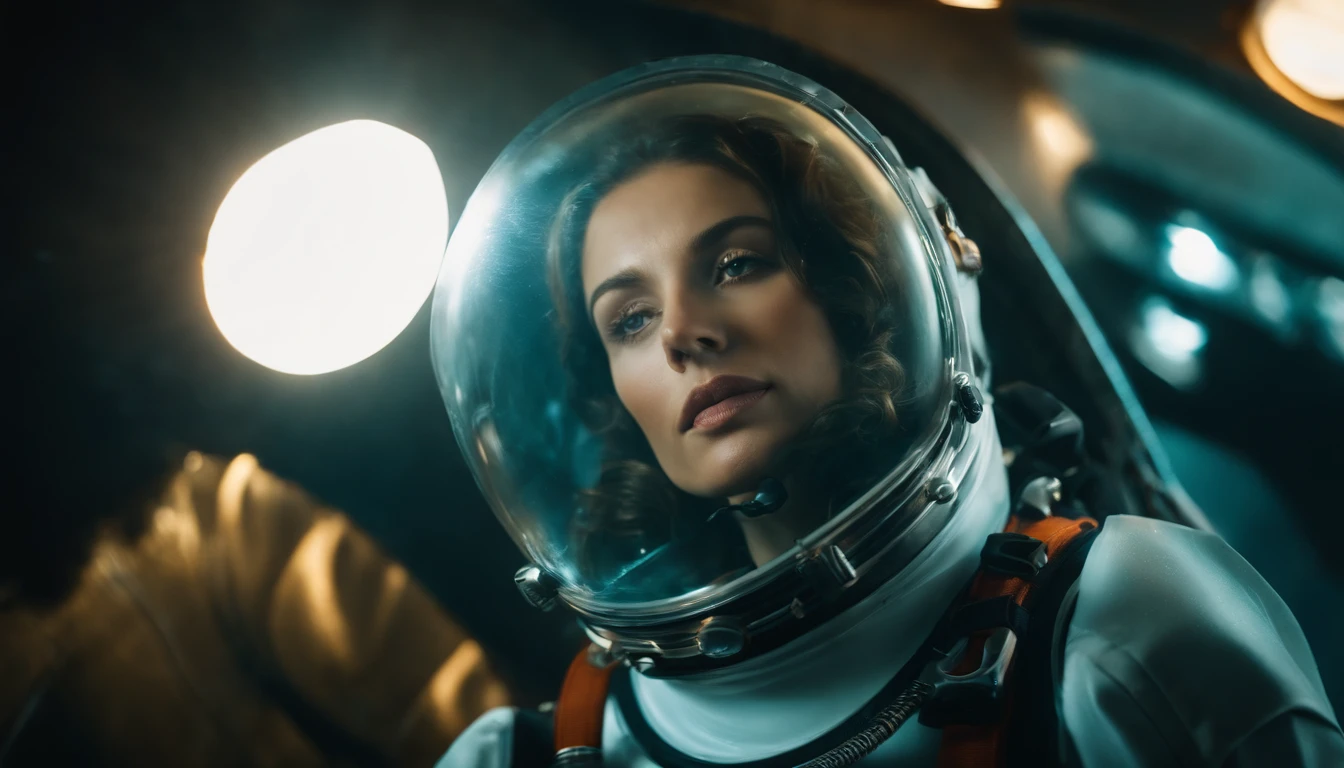 woman in an underwater spacesuit, (luminous deep sea creatures around her:1), best quality, sunlight, detailed face, gorgeous eyes, realistic skin details, high quality, seen from below, romantic, high quality, film grain, Cinematic Light, sidelighting, sharp focus