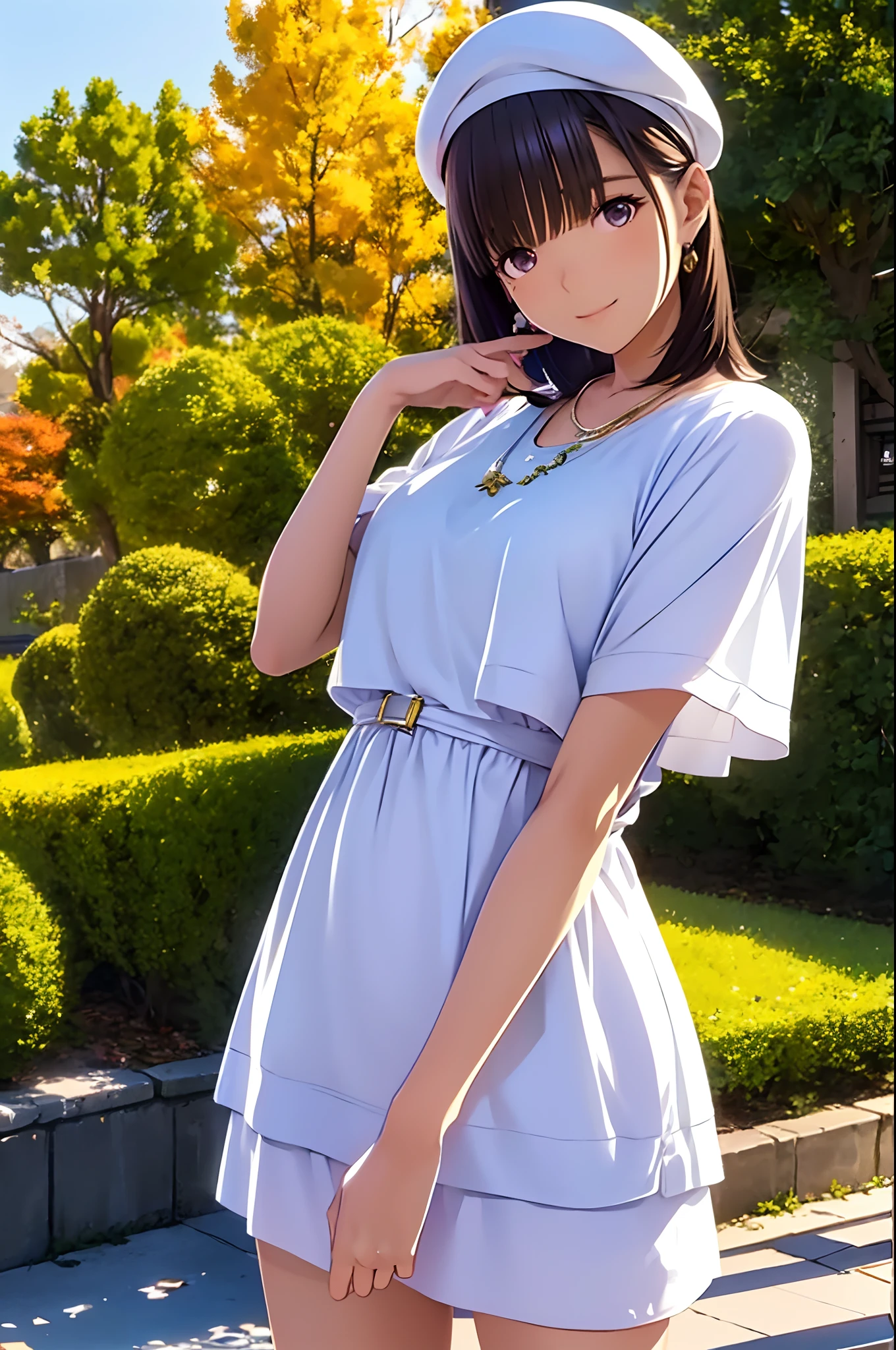 hight resolution,8K,Best Quality,detaileds,semi - realistic anime,Anime 3D Style,Smooth Anime CG,1 girl in,20 year old woman in Japan,slim,modeled,shiny chestnut hair,Medium Hair,Detailed face,Beautiful and detailed eyes,Glowing skin,(tunique,layered clothes,long-sleeve),(Easel,Woman painting oil),beret,earring beautiful,a necklace,autumnal,Colored leaves,Gingko Day, with light glowing, plein air,Beautiful details sky, Hard Focus、film grains,Soft lighting,the wind,looking at the viewers,A smile