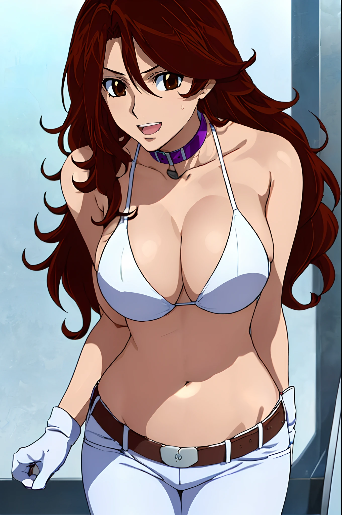 curvy midsection, solo, 1 girl, ultra toned arms, sweating very nuch, tired, smile, breathing heavily), (detailed titration screen, upper body only, anime style: 1.8, anime drawing, ultra detailed face, ultra detailed body, 4k, Sumergai Lee Noriega, (standing), best quality, anime style, hires, highest definition, digital blending, bold drawing lines, ((wwe diva), (location: wrestling arena, crowds watching), ( slim body, (little biceps), , off-shoulders, closed fists, (very curvy: 2.8)), ((white bikini only, jeans, white gloves, collar, hand protector, (champion belt on bare belly))), (pale skin, big breasts, widely open mouth, teeth), (big eyes, brown eyes), (leaning forward), (brown hair, loose hair, curly hair, wavy hair, long hair, missy hair), 27 years old,