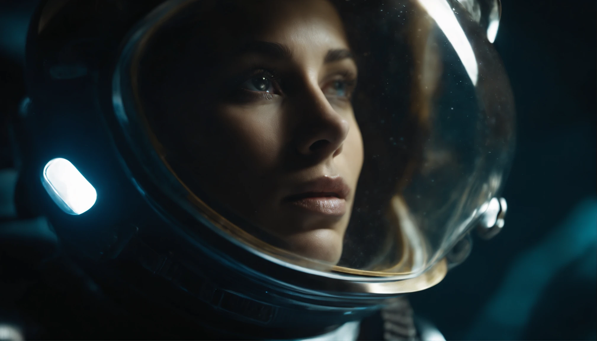 woman in an underwater spacesuit, (luminous deep sea creatures around her:1), best quality, sunlight, detailed face, gorgeous eyes, realistic skin details, high quality, seen from below, romantic, high quality, film grain, Cinematic Light, sidelighting, sharp focus