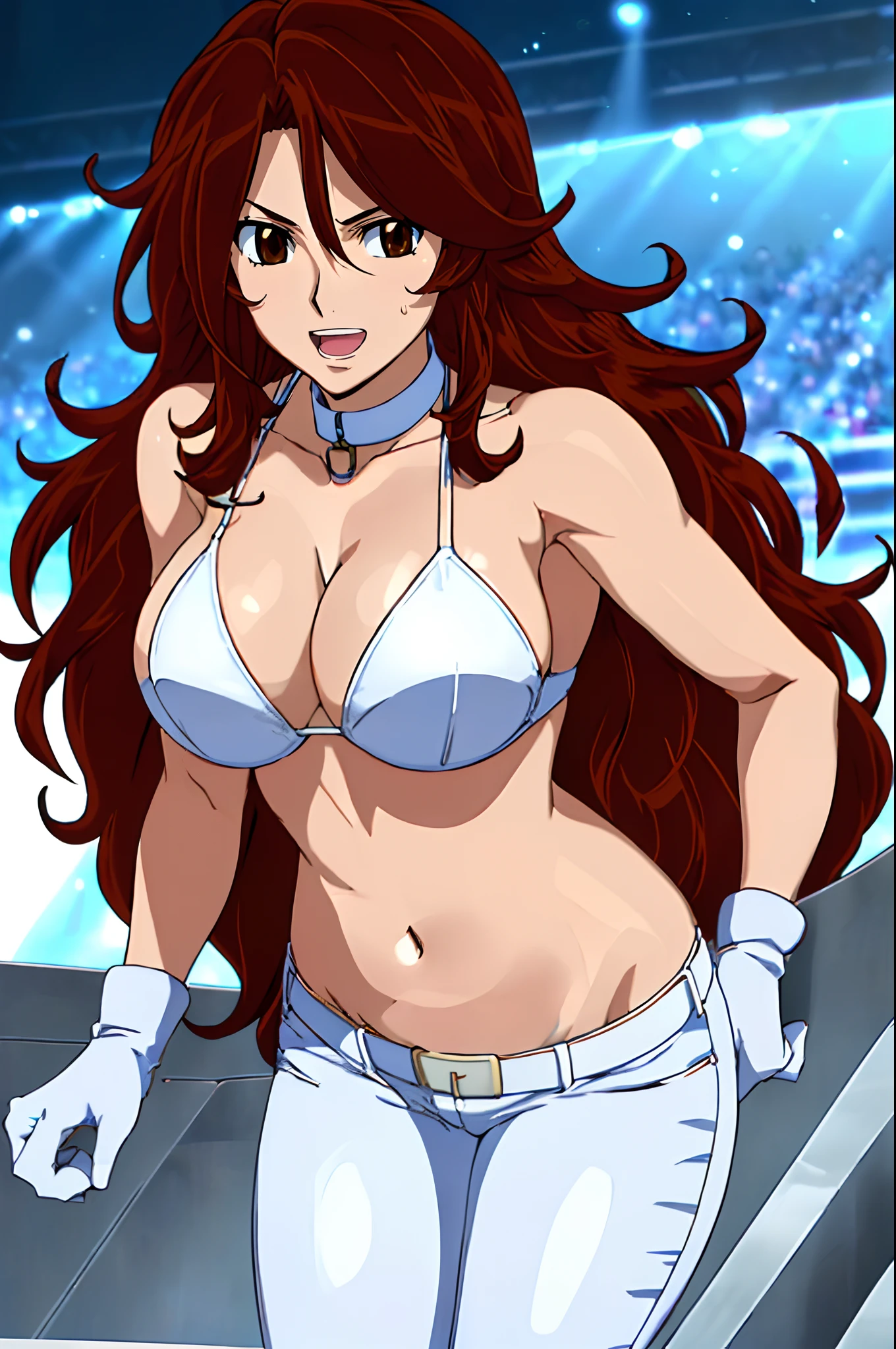 curvy midsection, solo, 1 girl, ultra toned arms, sweating very nuch, tired, smile, breathing heavily), (detailed titration screen, upper body only, anime style: 1.8, anime drawing, ultra detailed face, ultra detailed body, 4k, Sumergai Lee Noriega, (standing), best quality, anime style, hires, highest definition, digital blending, bold drawing lines, ((wwe diva), (location: wrestling arena, crowds watching), ( slim body, (little biceps), , off-shoulders, closed fists, (very curvy: 2.8)), ((white bikini only, jeans, white gloves, collar, hand protector, (champion belt on bare belly))), (pale skin, big breasts, widely open mouth, teeth), (big eyes, brown eyes), (leaning forward), (brown hair, loose hair, curly hair, wavy hair, long hair, missy hair), 27 years old,