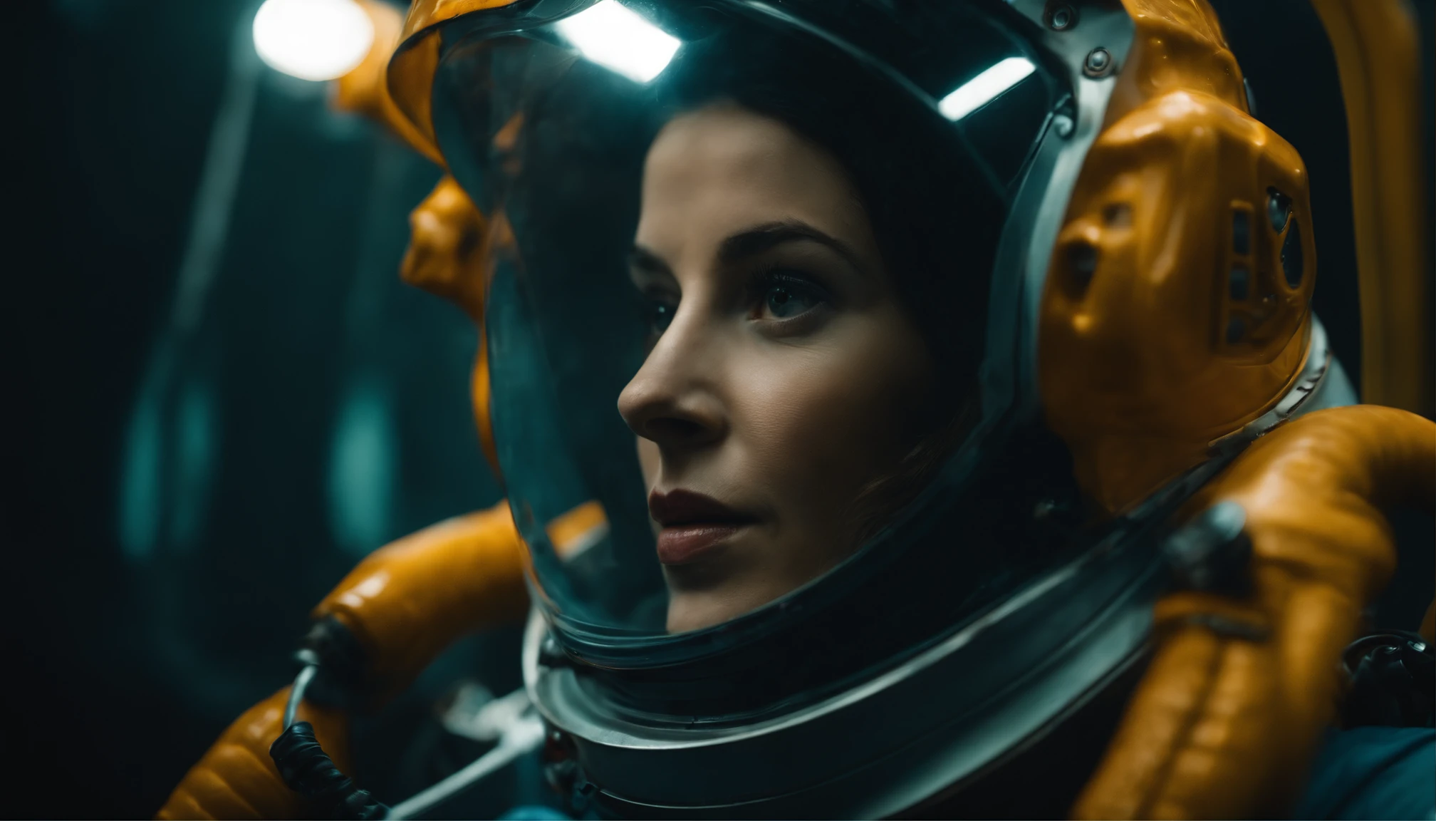 woman in an underwater spacesuit, (luminous deep sea creatures around her:1), best quality, sunlight, detailed face, gorgeous eyes, realistic skin details, high quality, seen from below, romantic, high quality, film grain, Cinematic Light, sidelighting, sharp focus