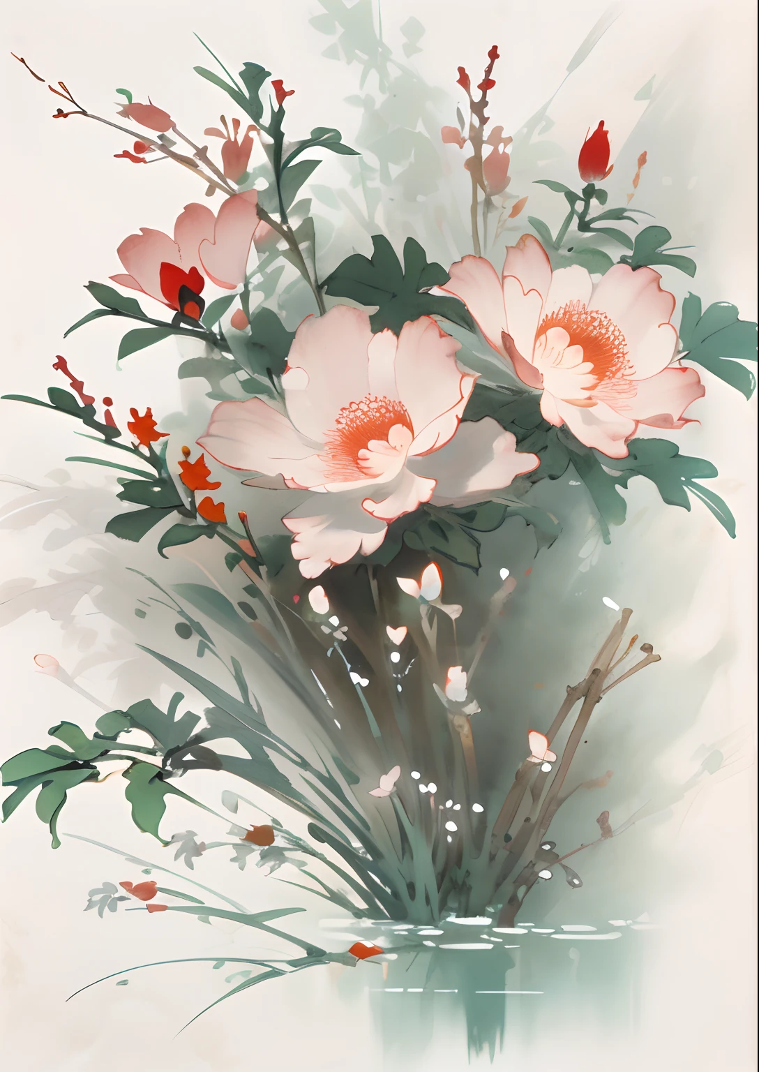 Flowers and birds, [(white background:1.5)::5], medium view, full body, chinoiserie, flowers, stone fragments, beautiful and delicate water, wood grain floor,