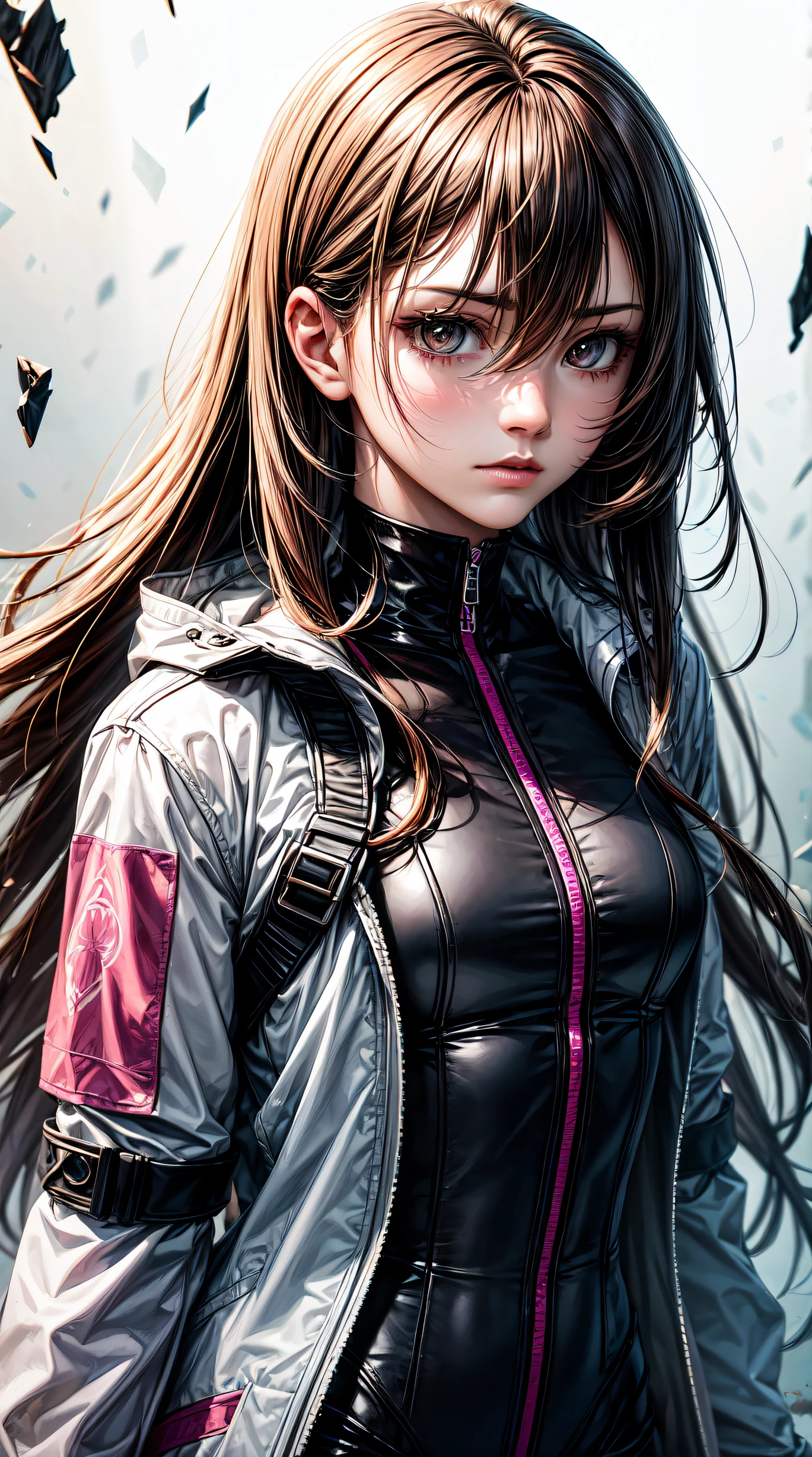 (highest resolution, distinct_image) Best quality, a female's masterpiece, highly detailed, semi realistic,(most of body),pink long hair, bangs, 18 years old, young,black fitting,Pinkish-purple flight suit,Stand collar shirt,Sharp Face,(brown Eyes, Hair Between Eyes), Fluorescent Long Coat (Broken Glass),(plain white background),cold, serious,authoritative,powerful,(Standing Painting),(exquisite facial features, exquisite facial features)