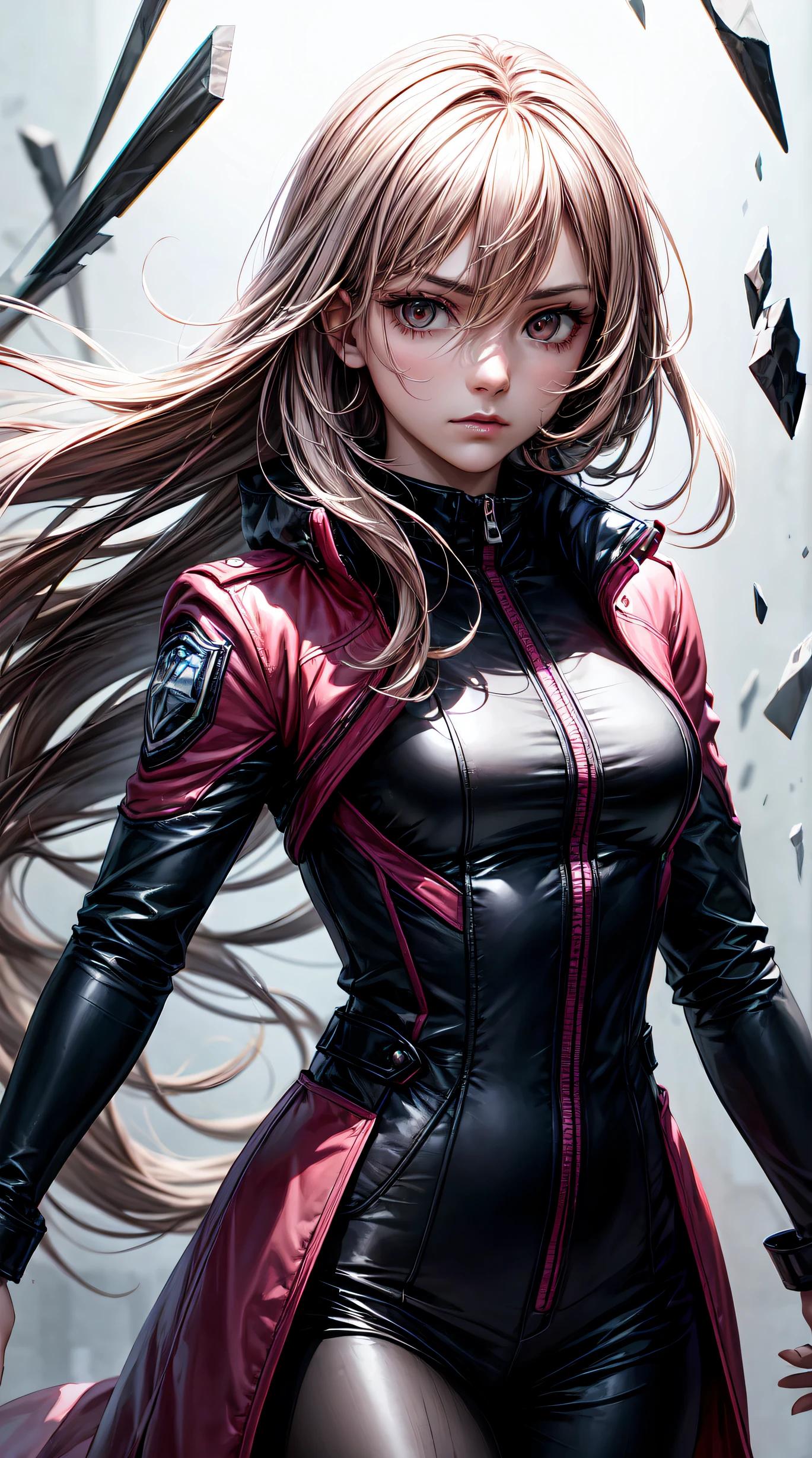 (highest resolution, distinct_image) Best quality, a female's masterpiece, highly detailed, semi realistic,(most of body),pink long hair, bangs, 18 years old, young,black fitting,Pinkish-purple flight suit,Stand collar shirt,Sharp Face,(brown Eyes, Hair Between Eyes), Fluorescent Long Coat (Broken Glass),(plain white background),cold, serious,authoritative,powerful,(Standing Painting),(exquisite facial features, exquisite facial features)