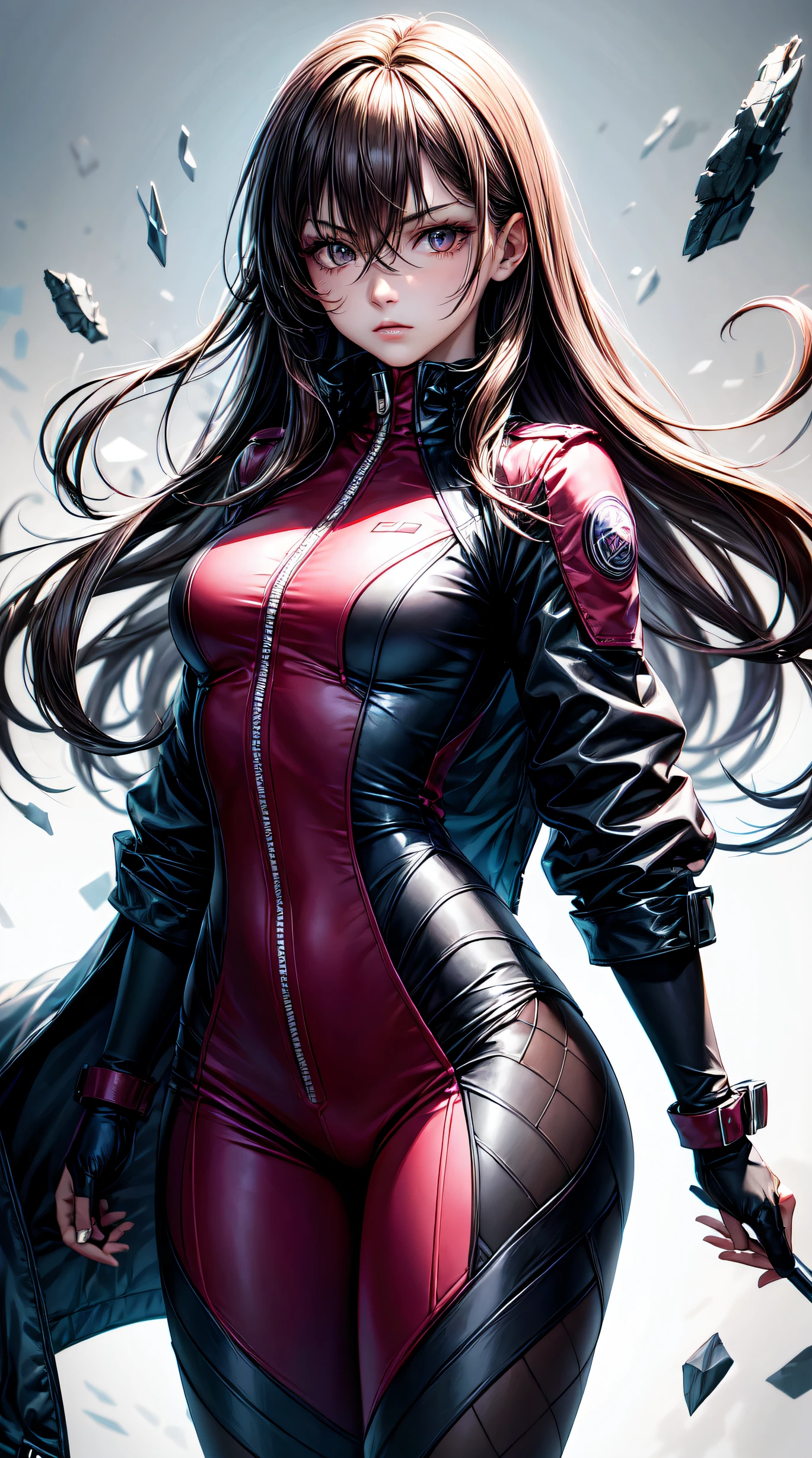 (highest resolution, distinct_image) Best quality, a female's masterpiece, highly detailed, semi realistic,(most of body),pink long hair, bangs, 18 years old, young,black fitting,Pinkish-purple flight suit,Stand collar shirt,Sharp Face,(brown Eyes, Hair Between Eyes), Fluorescent Long Coat (Broken Glass),(plain white background),cold, serious,authoritative,powerful,(Standing Painting),(exquisite facial features, exquisite facial features)