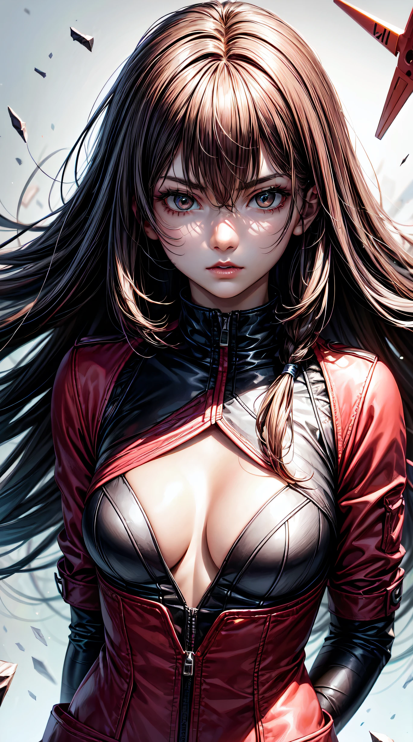 (highest resolution, distinct_image) Best quality, a female's masterpiece, highly detailed, semi realistic,(most of body),pink long hair, bangs, 18 years old, young,black fitting,Pinkish-purple flight suit,Stand collar shirt,Sharp Face,(brown Eyes, Hair Between Eyes), Fluorescent Long Coat (Broken Glass),(plain white background),cold, serious,authoritative,powerful,(Standing Painting),(exquisite facial features, exquisite facial features)