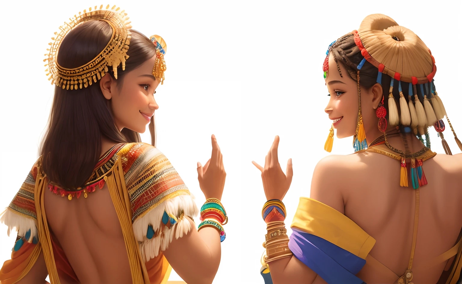 Masterpiece, best quality, very beautiful detailed faces, anatomically correct fingers, very detailed people from the back look at each other and smile, they wear tribal clothes, they smile very happy, very detailed fingers and hands