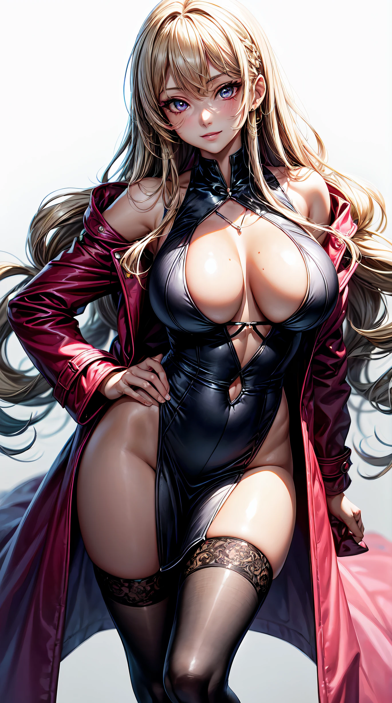 (anime style),masterpiece, best quality, ultra-detailed, glistening shiny, glowing light, ray tracing, HDR, deph of field, (perfect face, detailed face, detailed eyes),(big boobs:1.2),8k,HD,ultra realistic face,ray tracing,perfect lighting,best quality, ultra-detailed, shiny eyes, (looking at viewer,sensual smile:1.1), ((1girl)), (gyaru, mature female:1.4),hourglass_body shape, marin,long pink hair, wavy hair, ((Beautiful hair)),black eyes, gradient eyes, (glowing eyes:1.1), (fashion make up), long japoness coat, pink coat, big chest, big breasts, (((white background)), sensual poses, full body