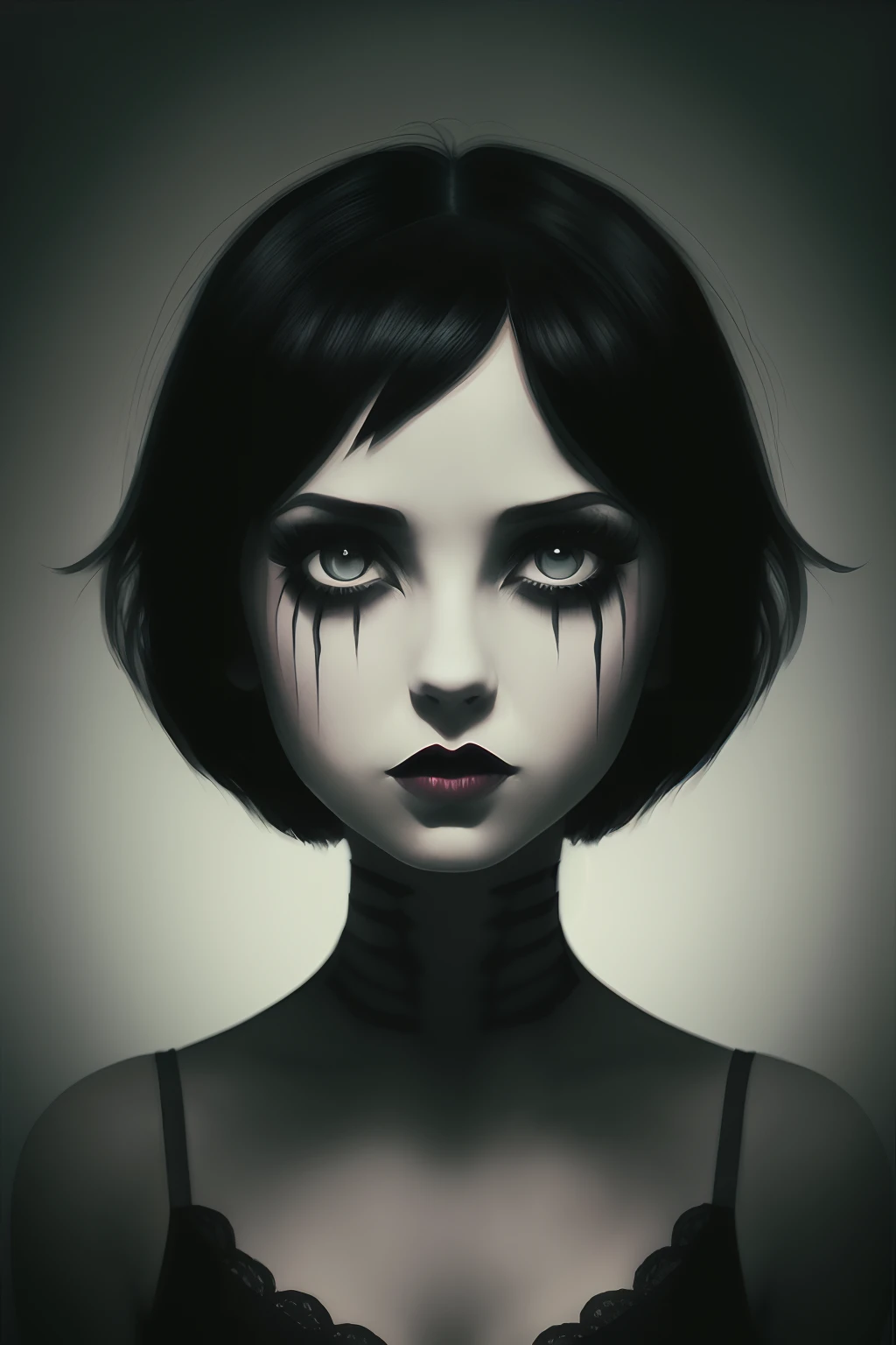 by TimBurton Animation 1girl, solo, blurry, blurry background, black hair, wide-eyed, short hair, horror \(theme\), lips, dark, makeup, portrait, black eyes