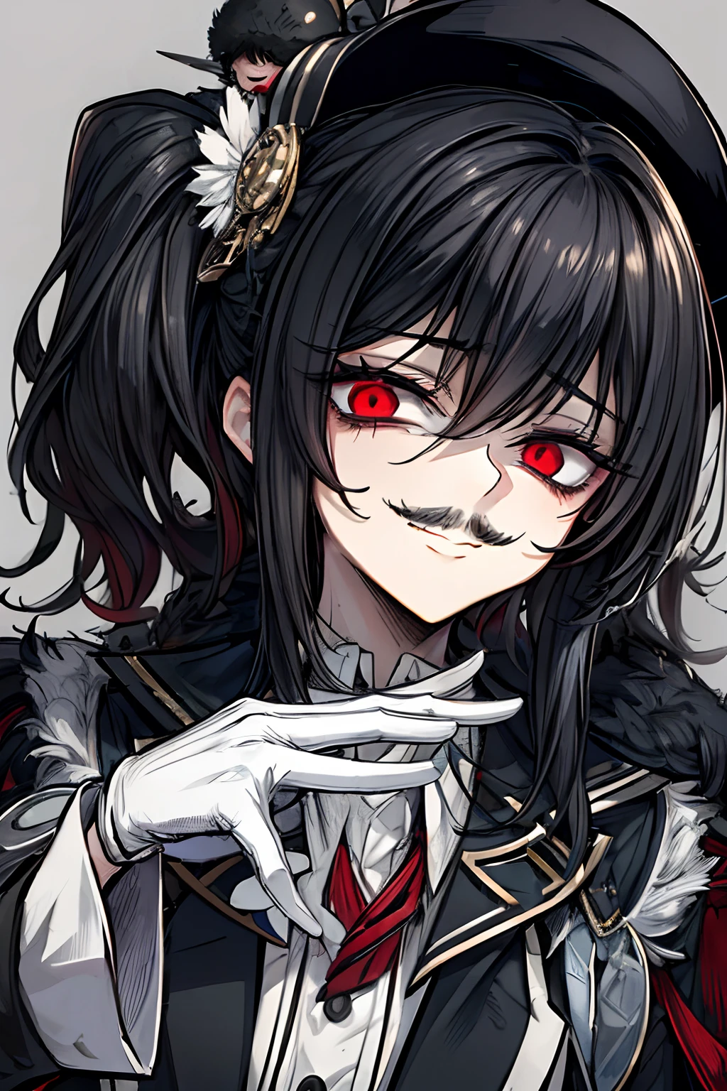 1man, mustache, disheveled hair, elegant hat with a feather, elegant suit, white gloves, macabre smile, arrogant look, (having fun torturing humans by handling them like puppets:1.2), strings, puppets, handling puppets, (gloomy atmosphere:1), (human puppets:1.2), blood, scenary