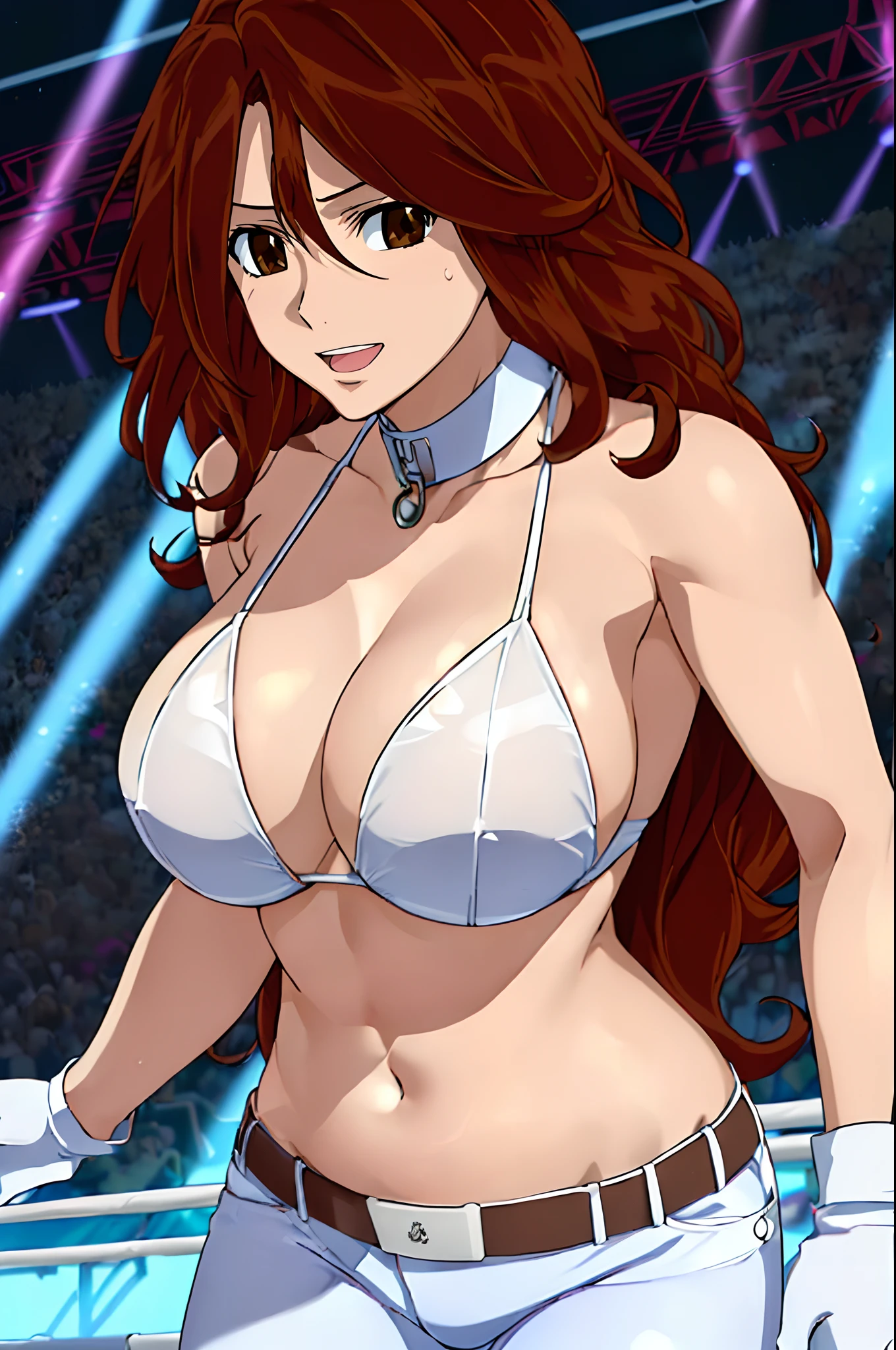 curvy midsection, solo, 1 girl, ultra toned arms, sweating very nuch, tired, smile, breathing heavily), (detailed titration screen, upper body only, anime style: 1.8, anime drawing, ultra detailed face, ultra detailed body, 4k, Sumergai Lee Noriega, (standing), best quality, anime style, hires, highest definition, digital blending, bold drawing lines, ((wwe diva), (location: wrestling arena, crowds watching), ( slim body, (little biceps), , off-shoulders, closed fists, (very curvy: 2.8)), ((white bikini only, jeans, white gloves, collar, hand protector, (champion belt on bare belly))), (pale skin, big breasts, widely open mouth, teeth), (big eyes, brown eyes), (leaning forward), (brown hair, loose hair, curly hair, wavy hair, long hair, missy hair), 27 years old,
